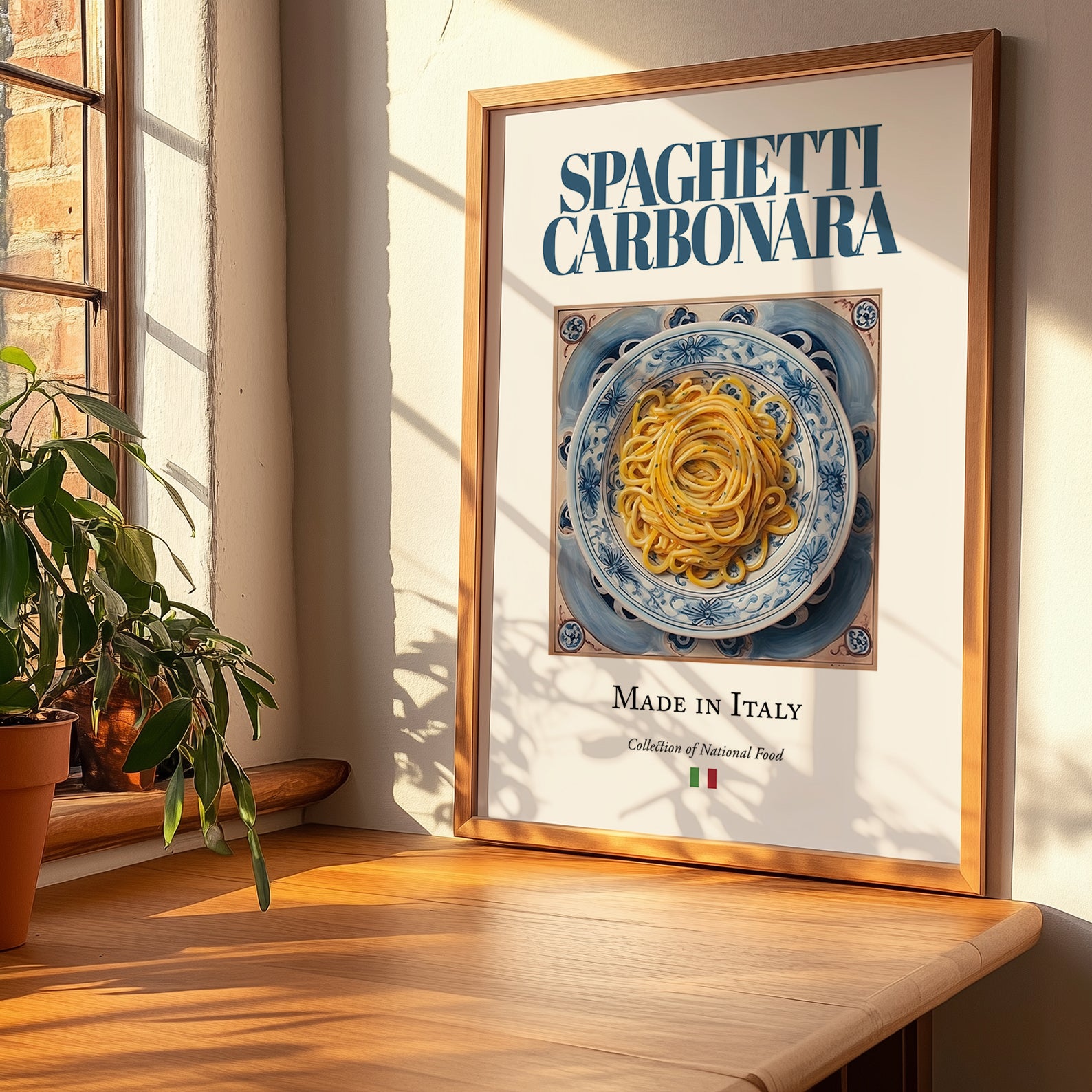 Spaghetti Carbonara – Italian Pasta, Ristorante Poster, no-text version framed in wood
