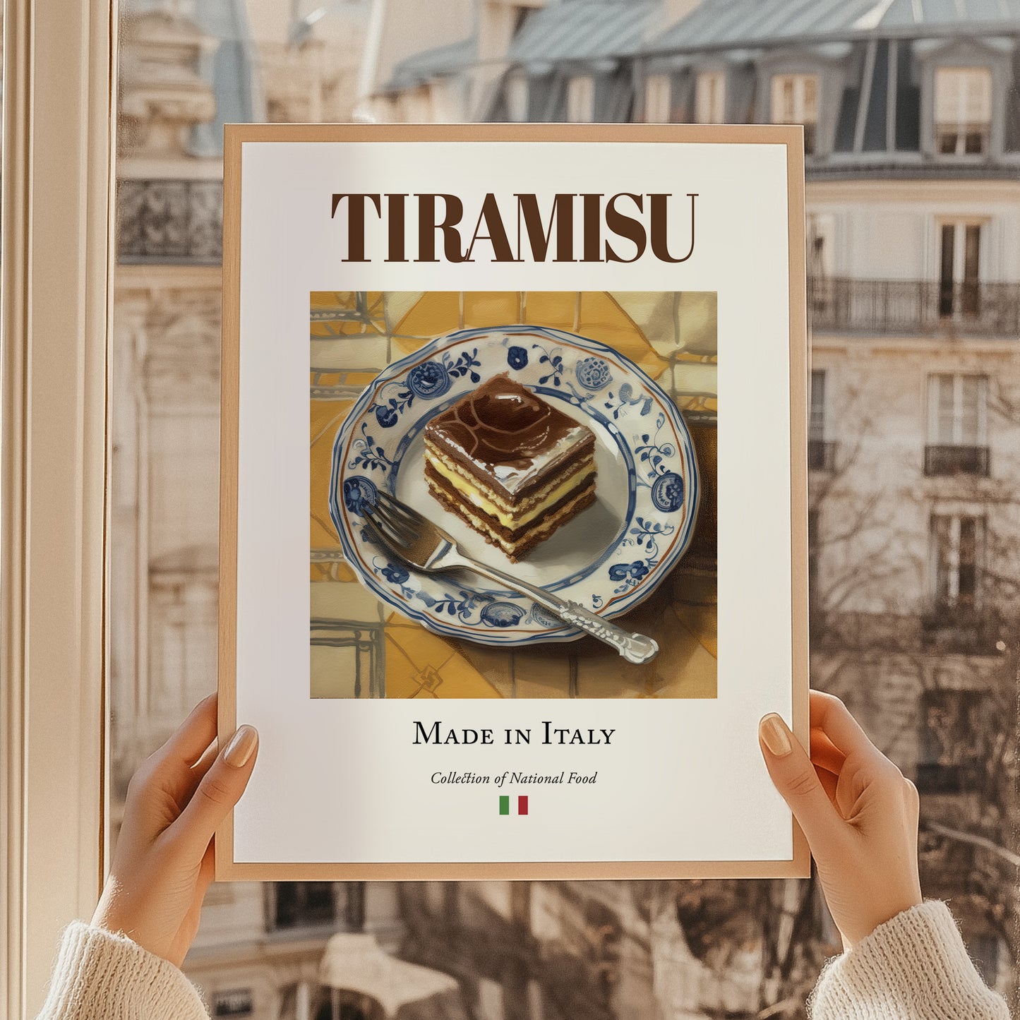 Tiramisu – Italian Dessert Dish, Café Poster, styled in a charming Paris street view