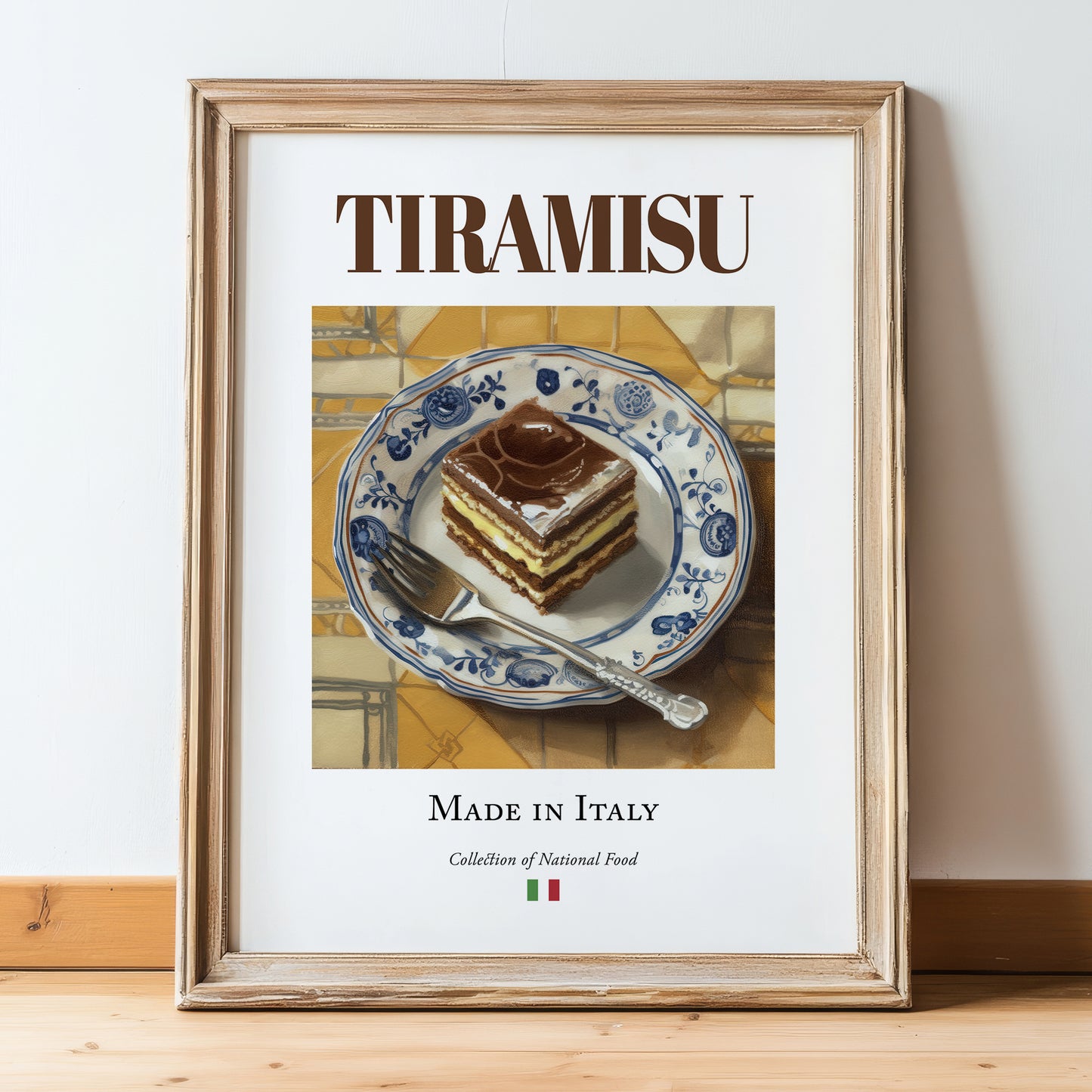 Tiramisu – Italian Dessert Dish, Café Poster, in wooden frame leaning on the floor