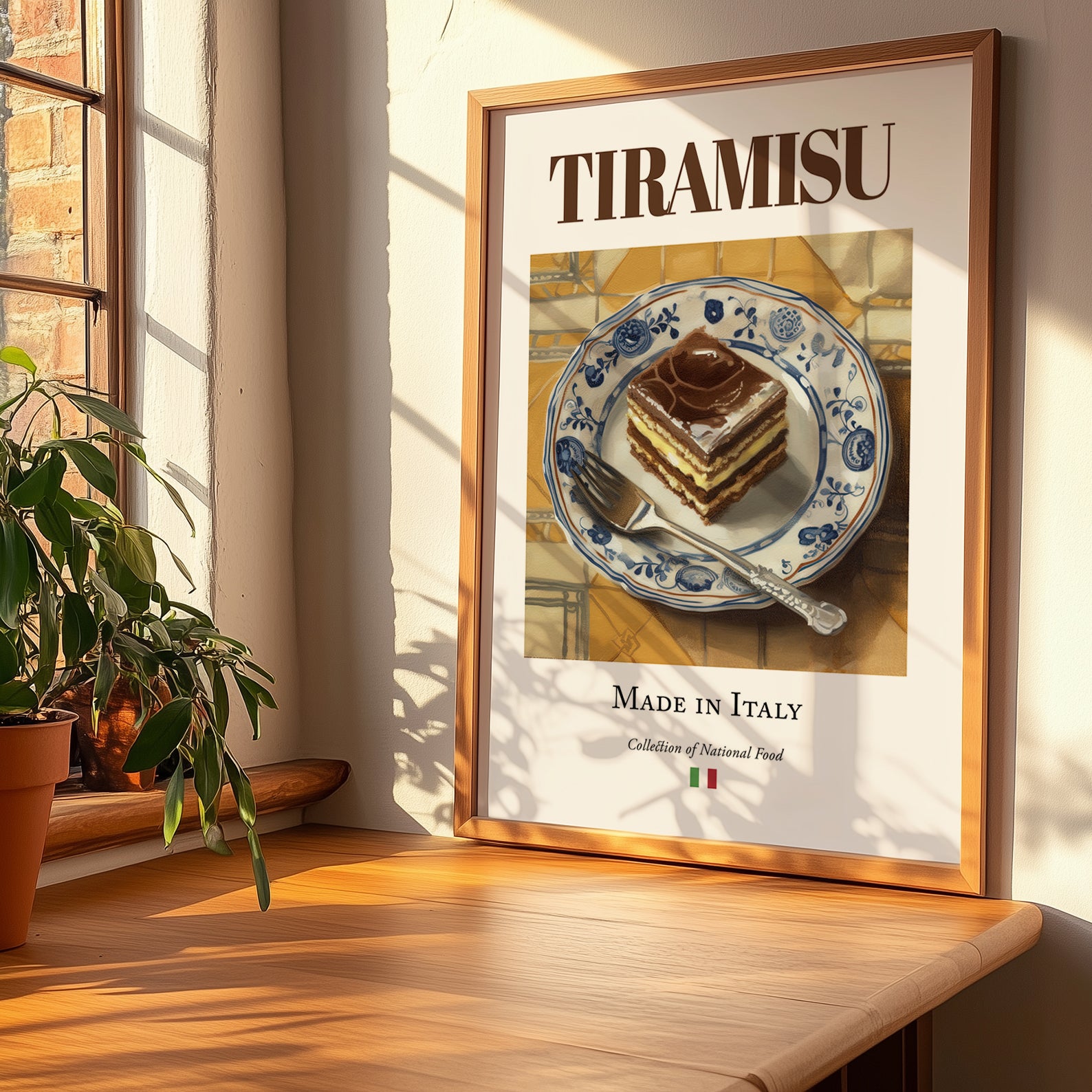 Tiramisu – Italian Dessert Dish, Café Poster, no-text version framed in wood
