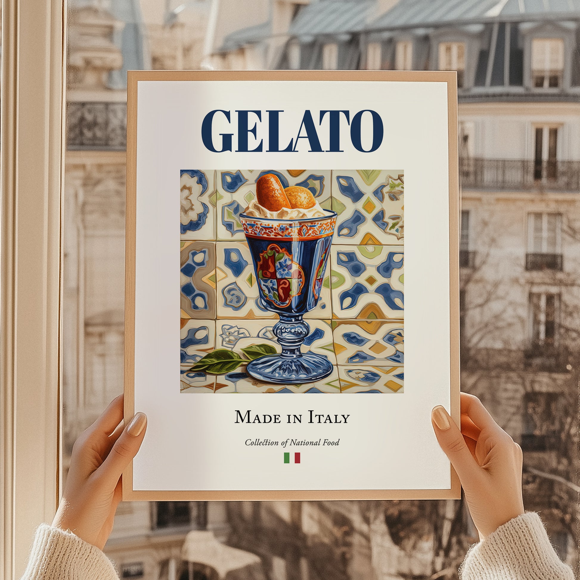 Gelato – Italian Dessert Dish, Café Poster, styled in a charming Paris street view
