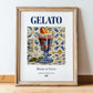 Gelato – Italian Dessert Dish, Café Poster, in wooden frame leaning on the floor