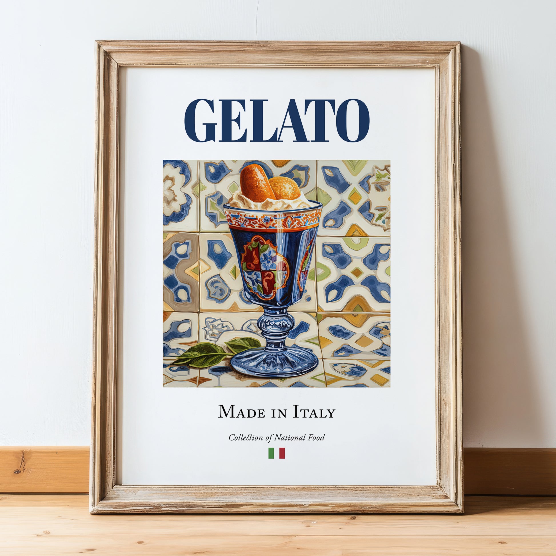 Gelato – Italian Dessert Dish, Café Poster, in wooden frame leaning on the floor