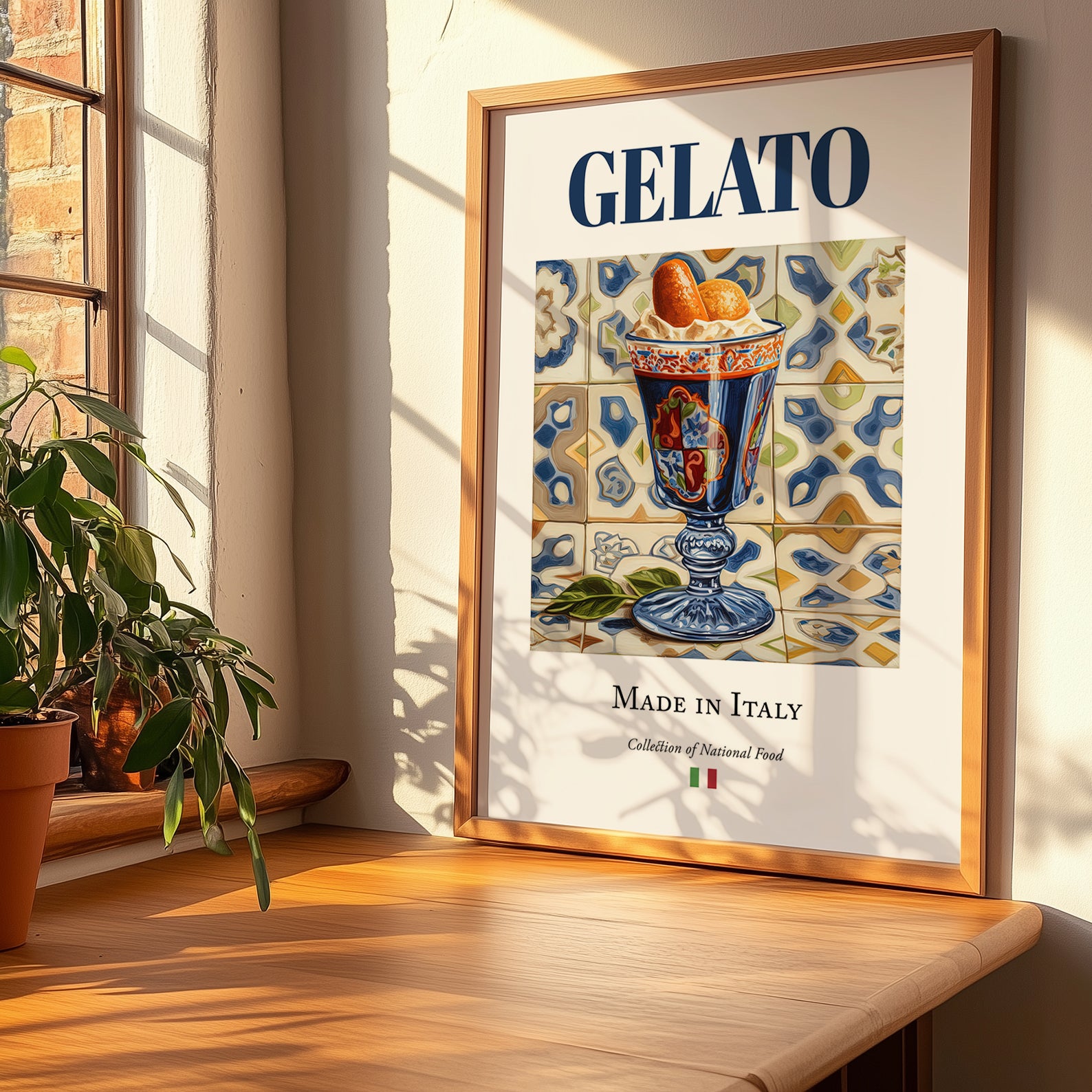Gelato – Italian Dessert Dish, Café Poster, no-text version framed in wood