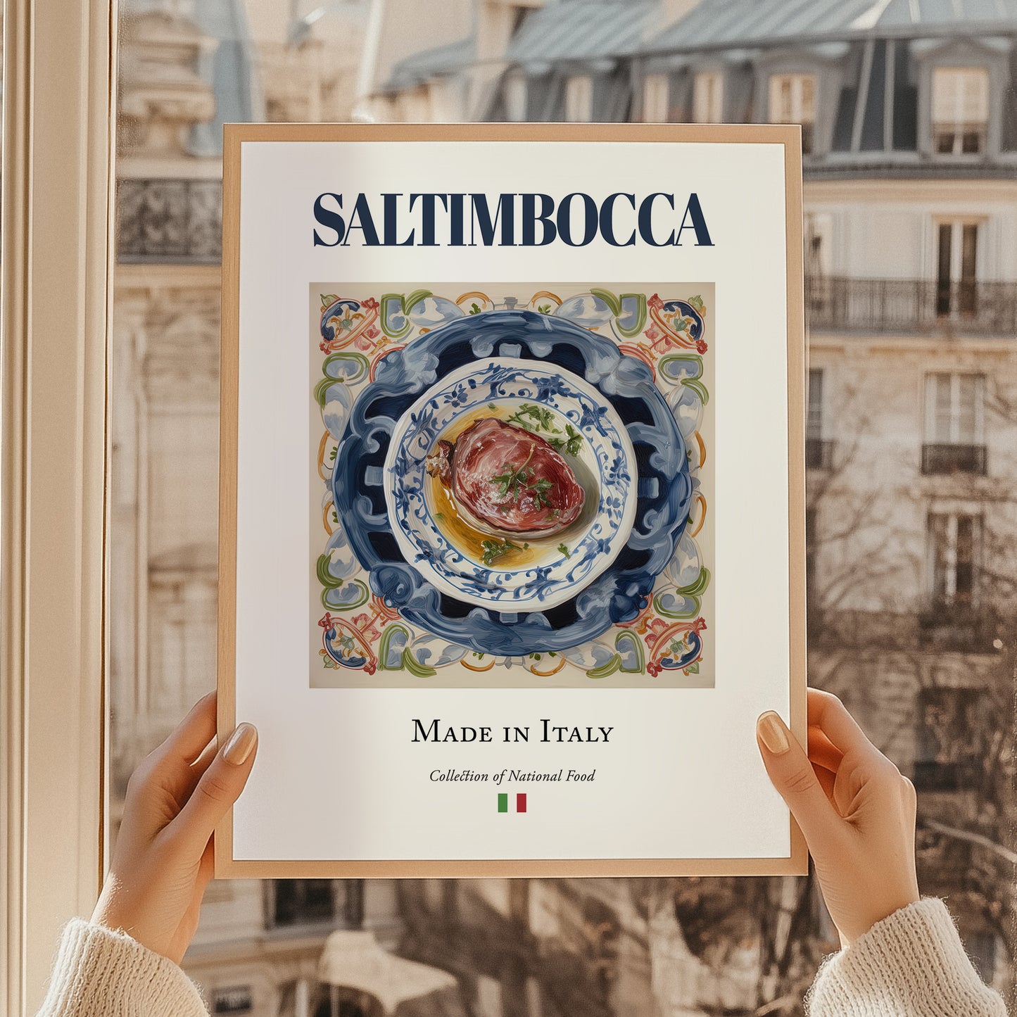 Saltimbocca – Italian Meat Dish, Farmhouse Kitchen Print, styled in a charming Paris street view