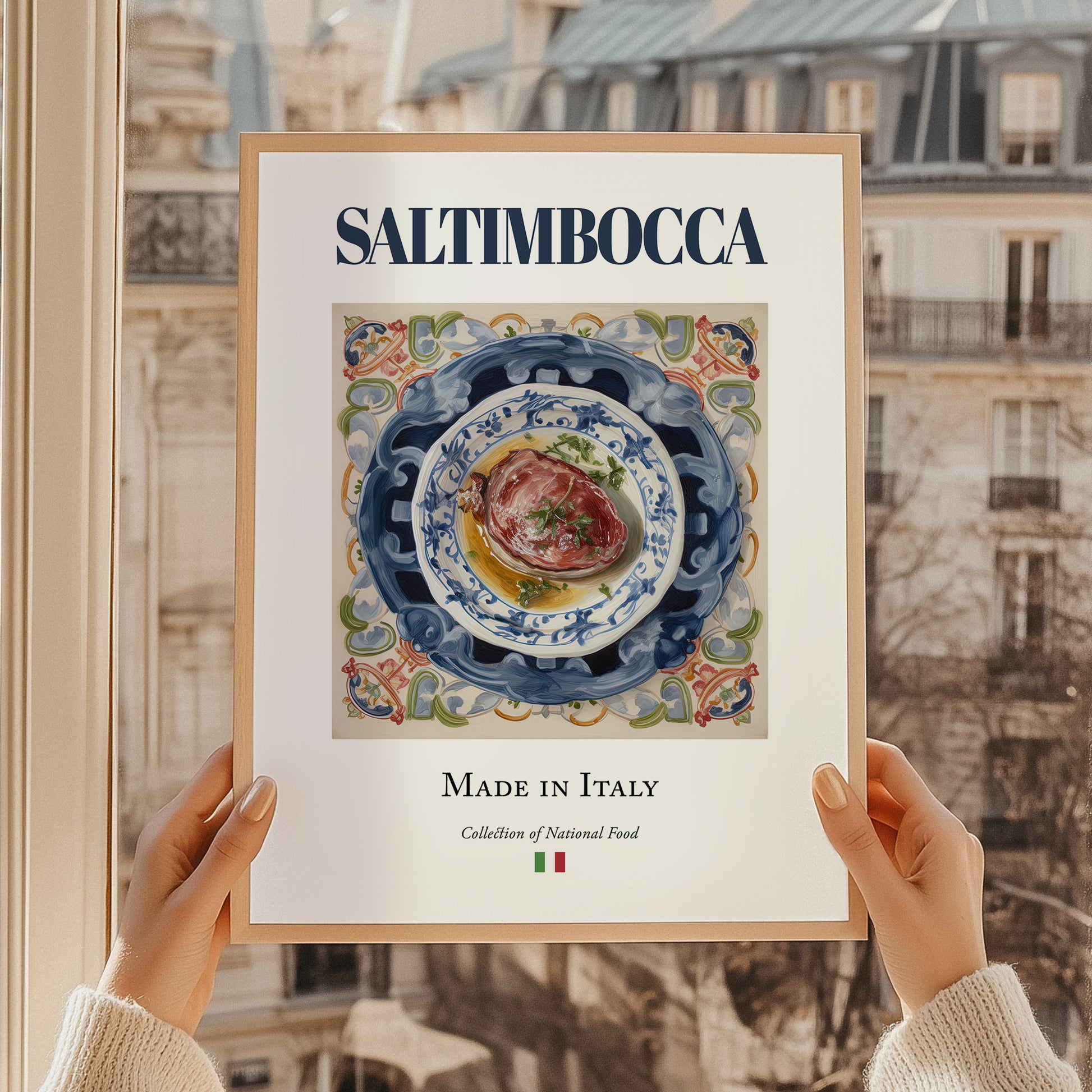 Saltimbocca – Italian Meat Dish, Farmhouse Kitchen Print, styled in a charming Paris street view