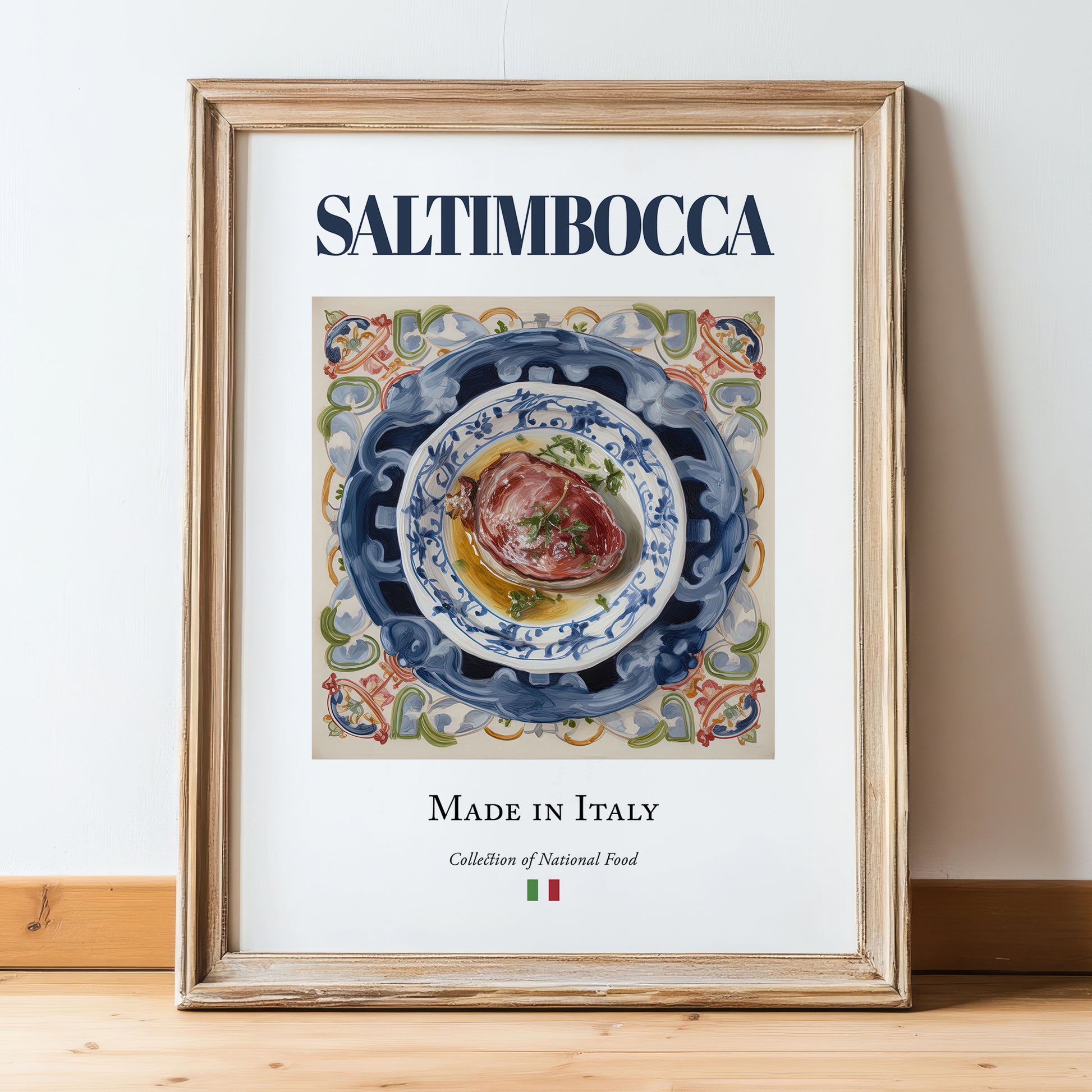 Saltimbocca – Italian Meat Dish, Farmhouse Kitchen Print, in wooden frame leaning on the floor