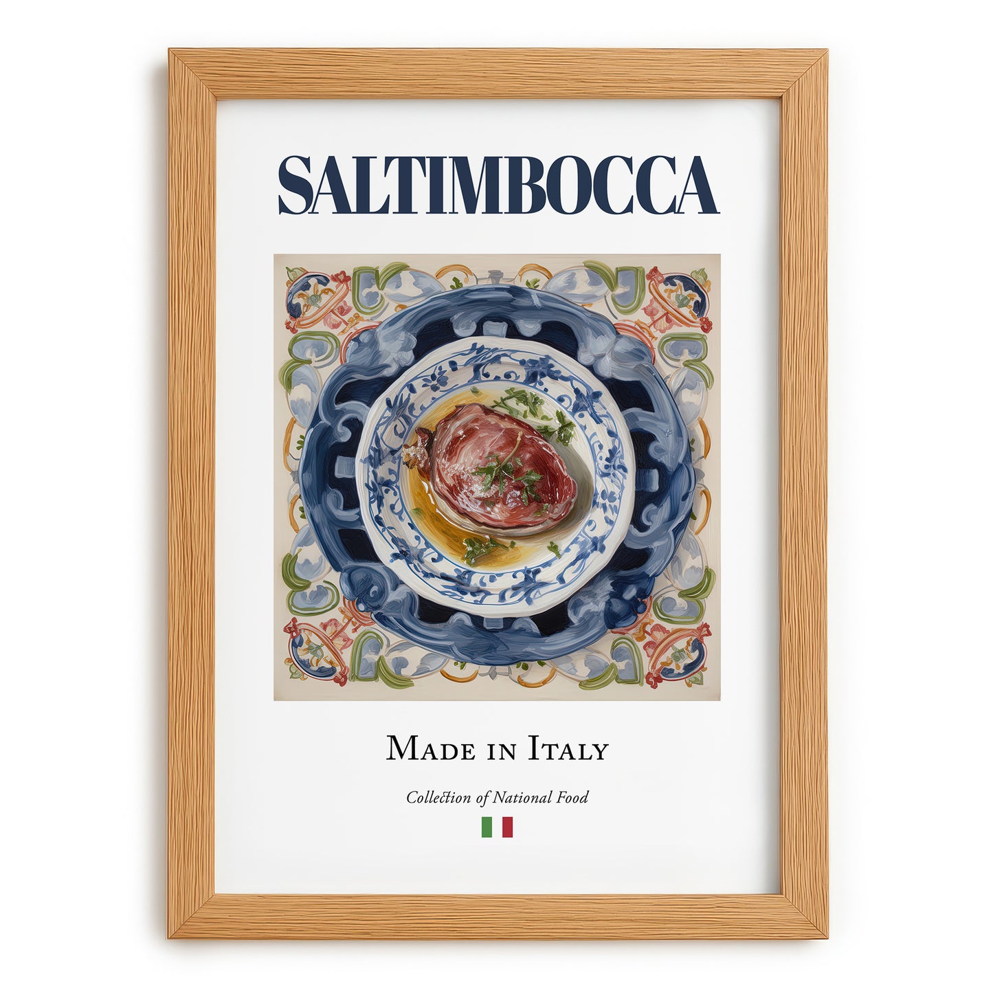 Saltimbocca – Italian Meat Dish, Farmhouse Kitchen Print, set in oak frame