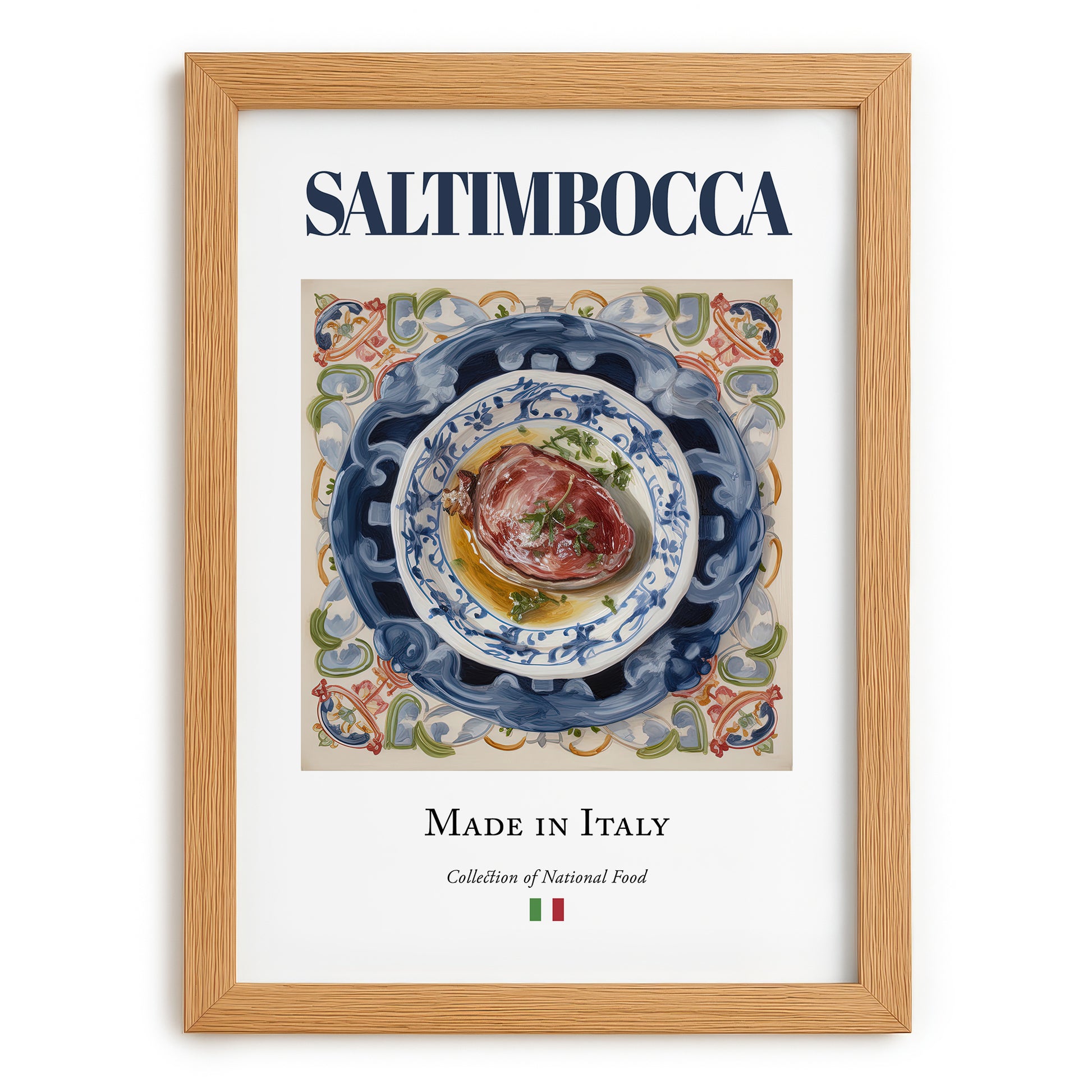 Saltimbocca – Italian Meat Dish, Farmhouse Kitchen Print, set in oak frame