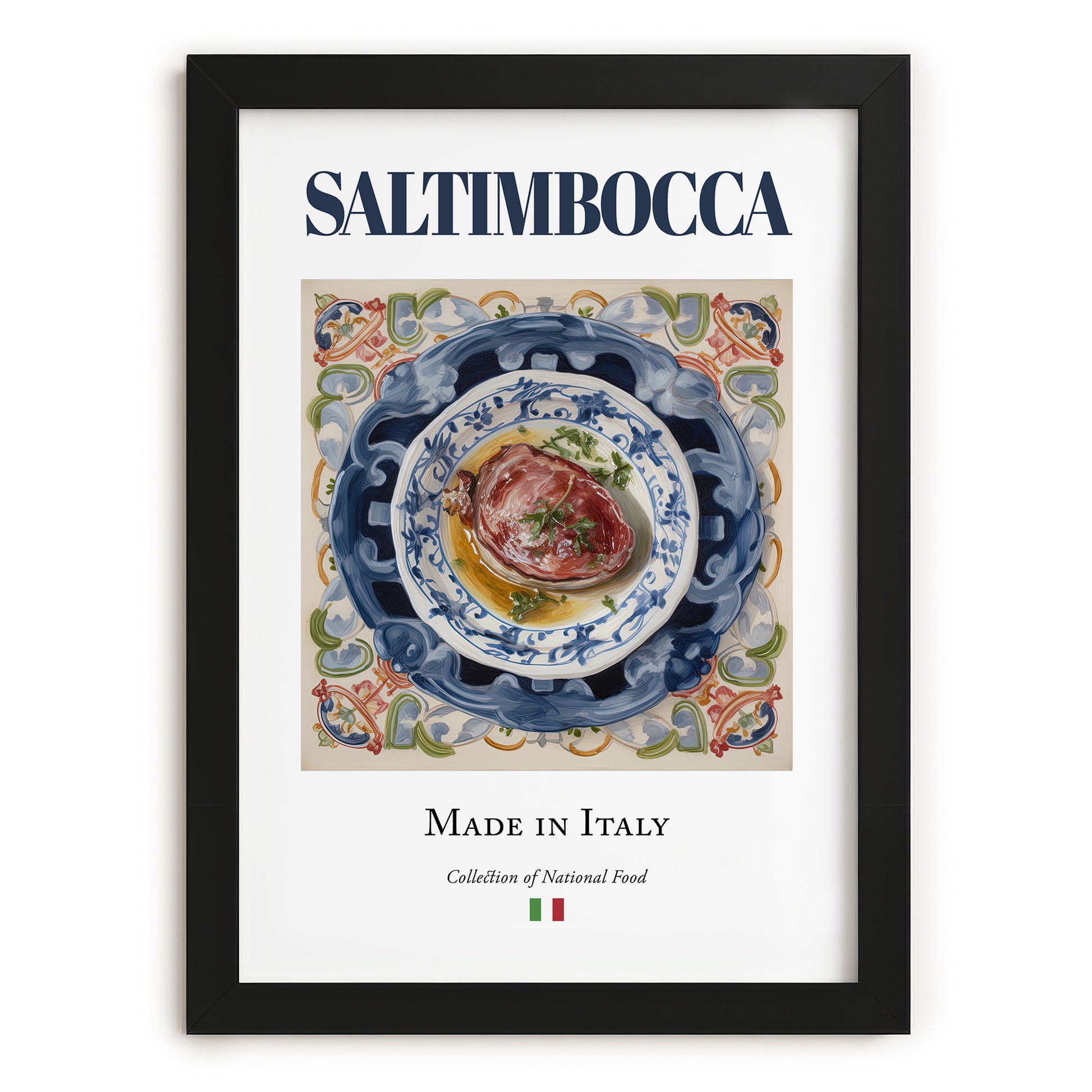 Saltimbocca – Italian Meat Dish, Farmhouse Kitchen Print, in sleek black frame