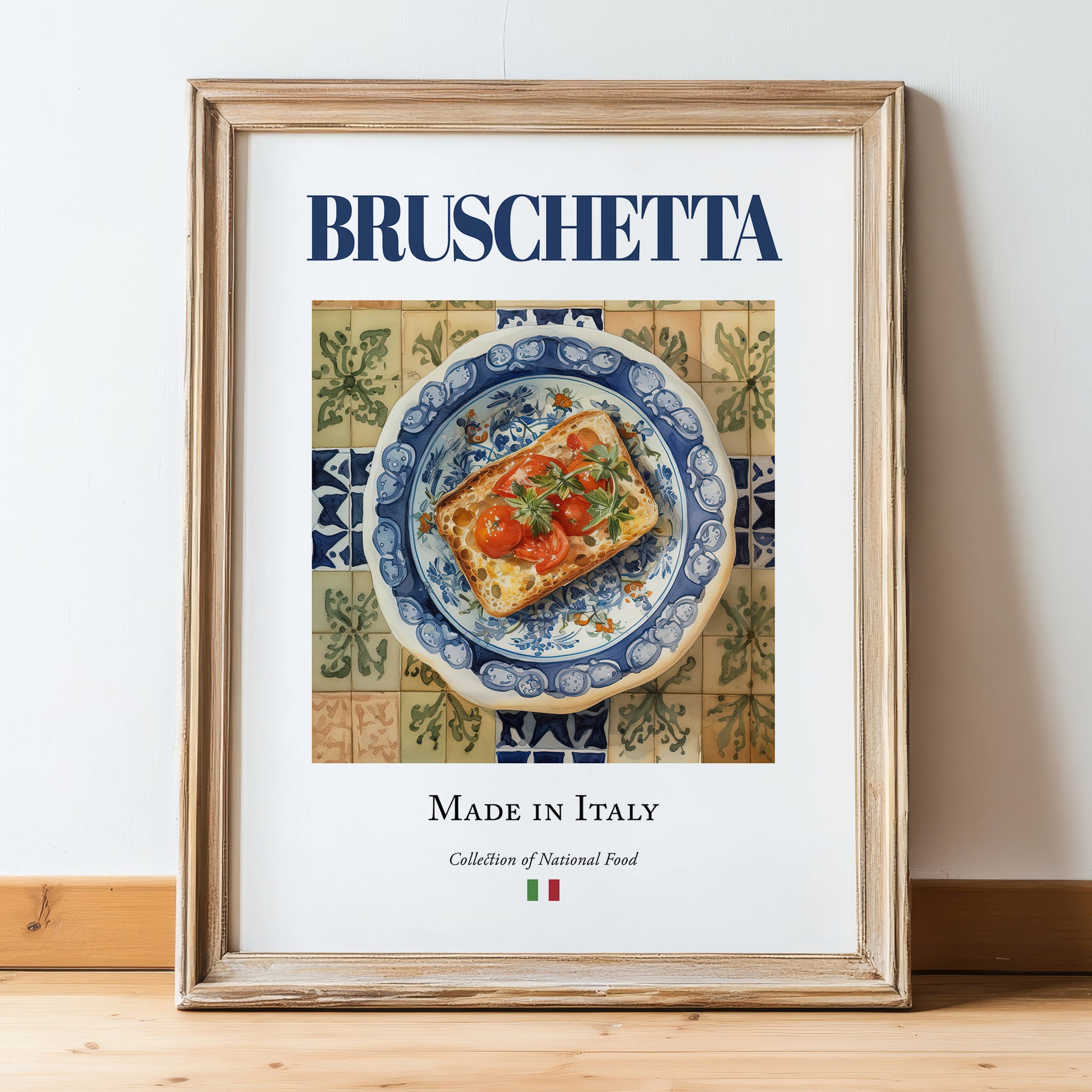 Bruschetta – Italian Snack Dish, Café Wall Art, in wooden frame leaning on the floor