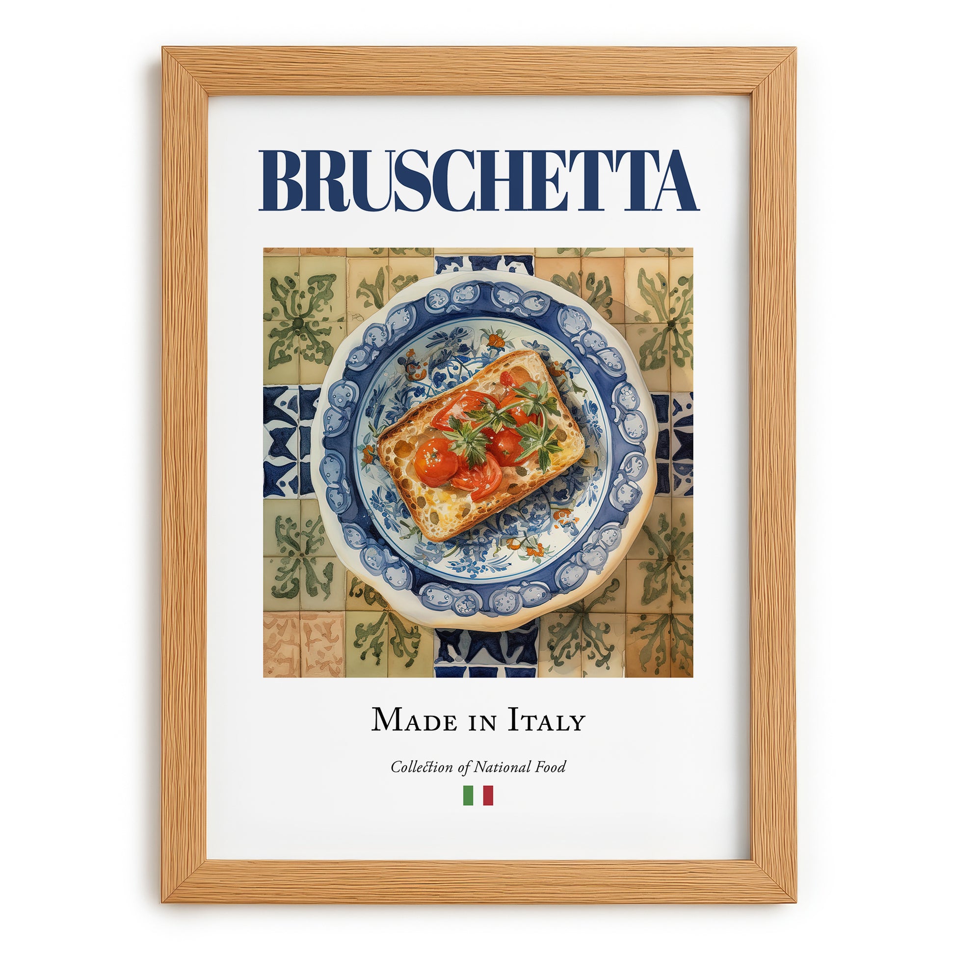 Bruschetta – Italian Snack Dish, Café Wall Art, set in oak frame