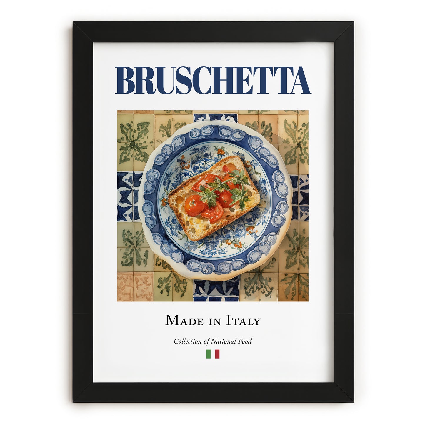 Bruschetta – Italian Snack Dish, Café Wall Art, in sleek black frame