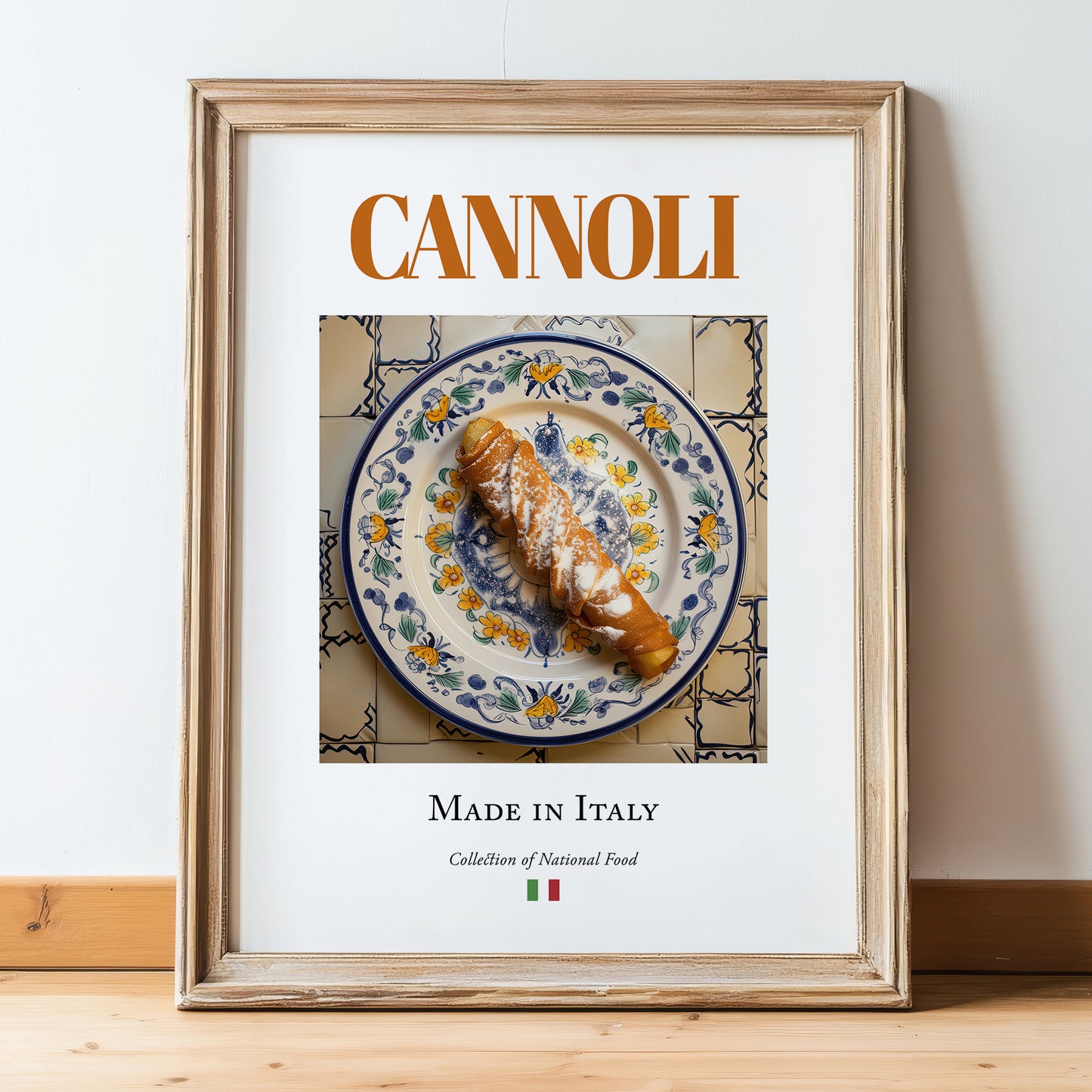 Cannoli – Italian Dessert Dish, Brasserie Wall Art, in wooden frame leaning on the floor