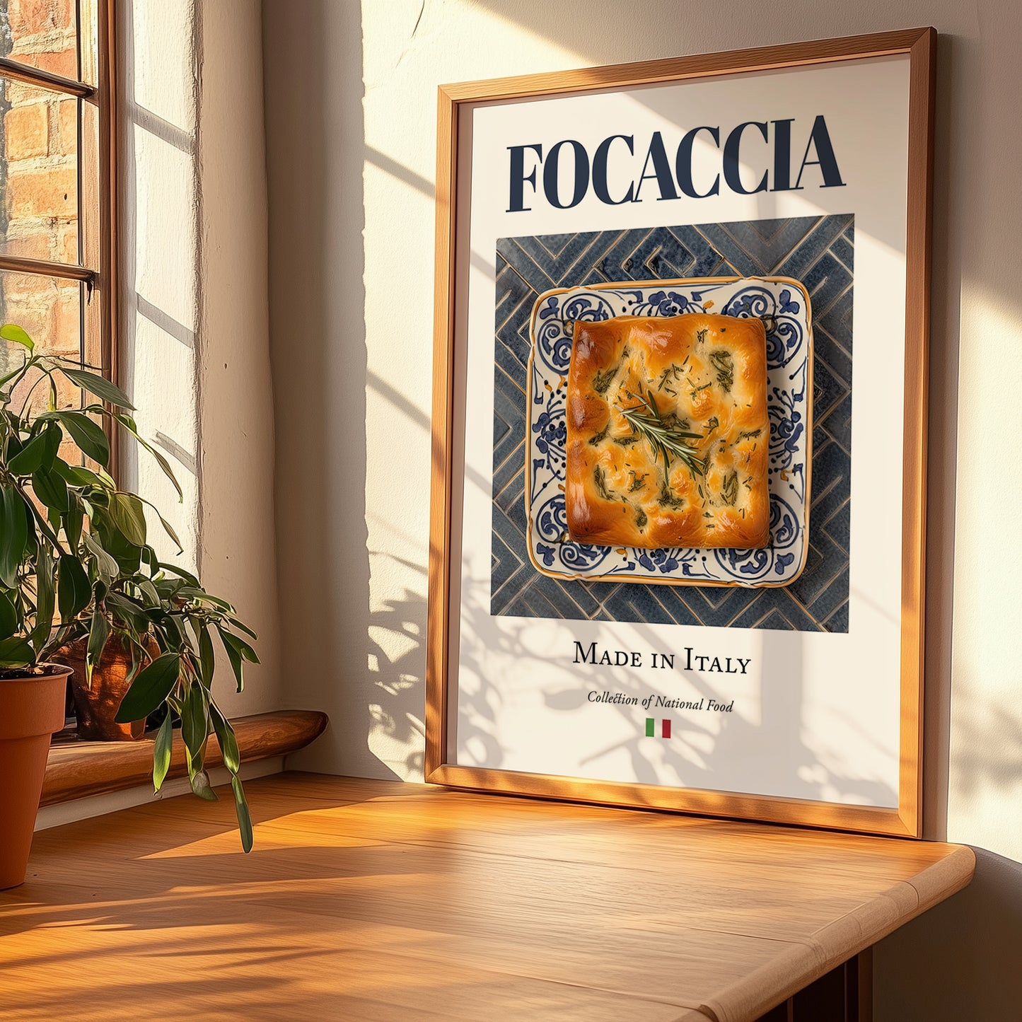 Focaccia – Italian Bread Dish, Tavern Still Life, no-text version framed in wood