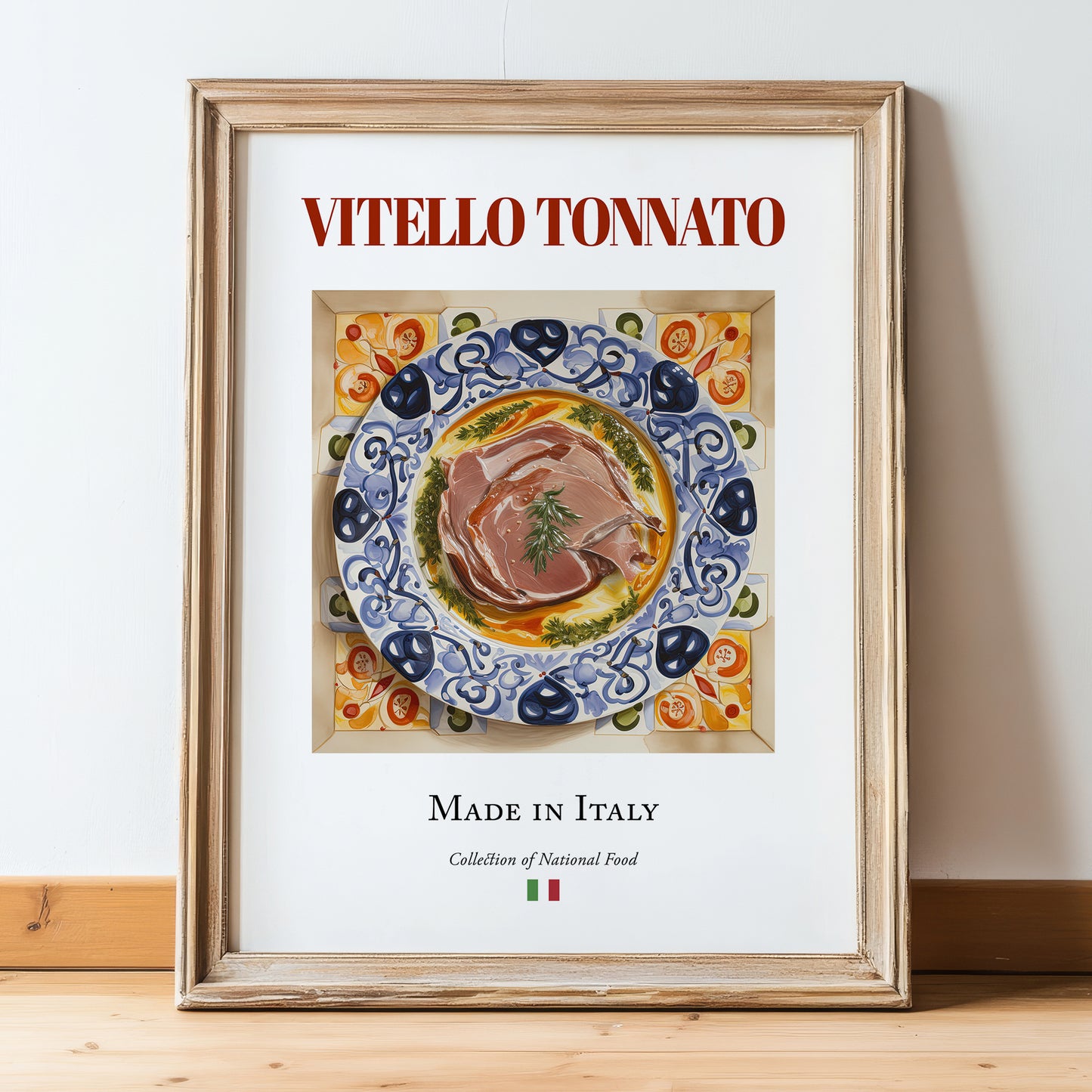 Vitello Tonnato – Italian Meat Dish, Restaurant Painting, in wooden frame leaning on the floor