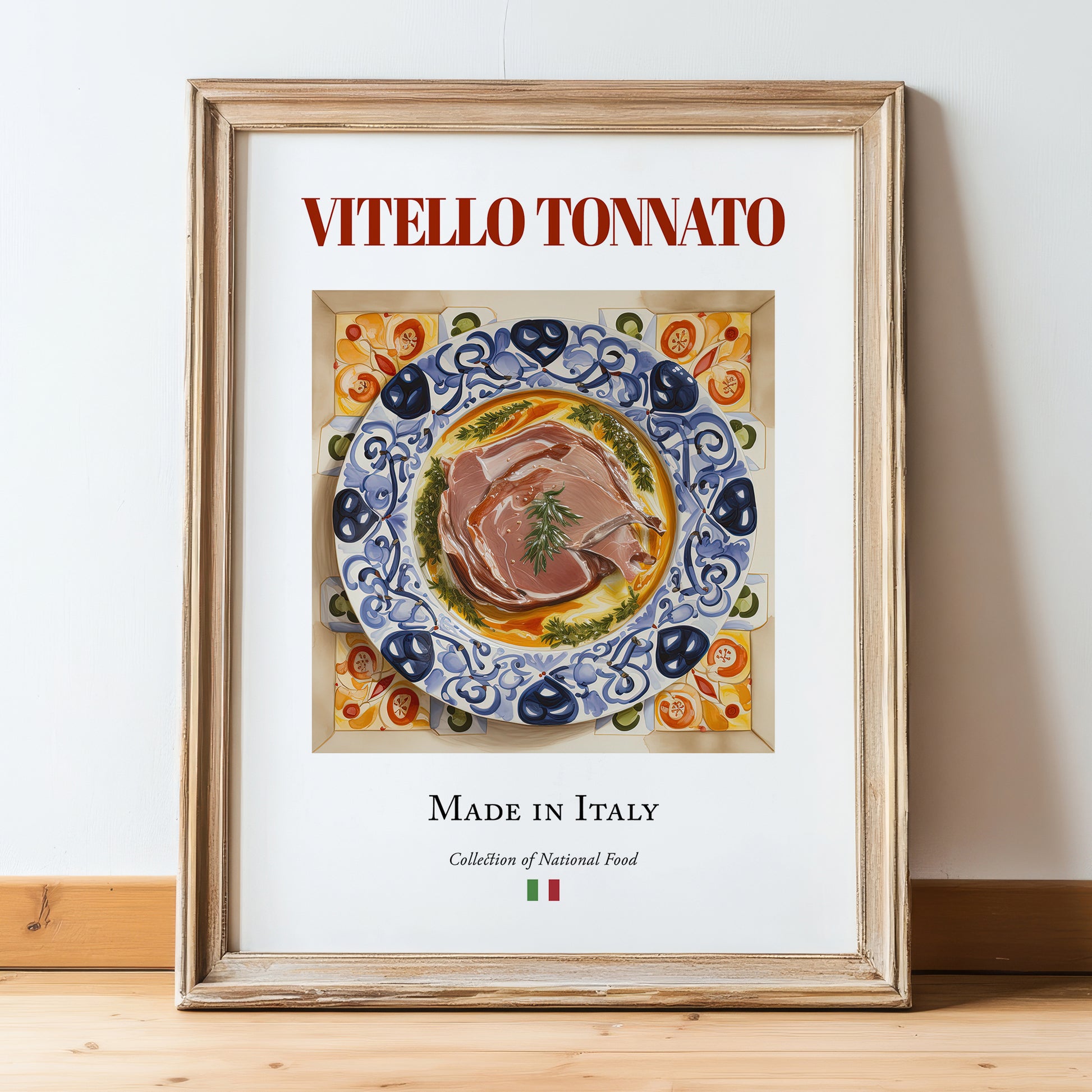 Vitello Tonnato – Italian Meat Dish, Restaurant Painting, in wooden frame leaning on the floor