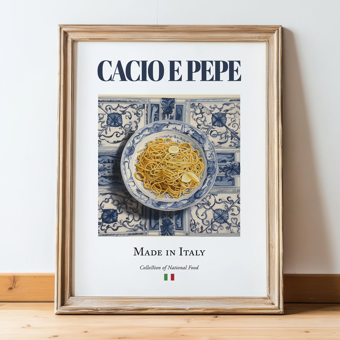 Cacio e Pepe – Italian Pasta, Osteria Illustration, in wooden frame leaning on the floor