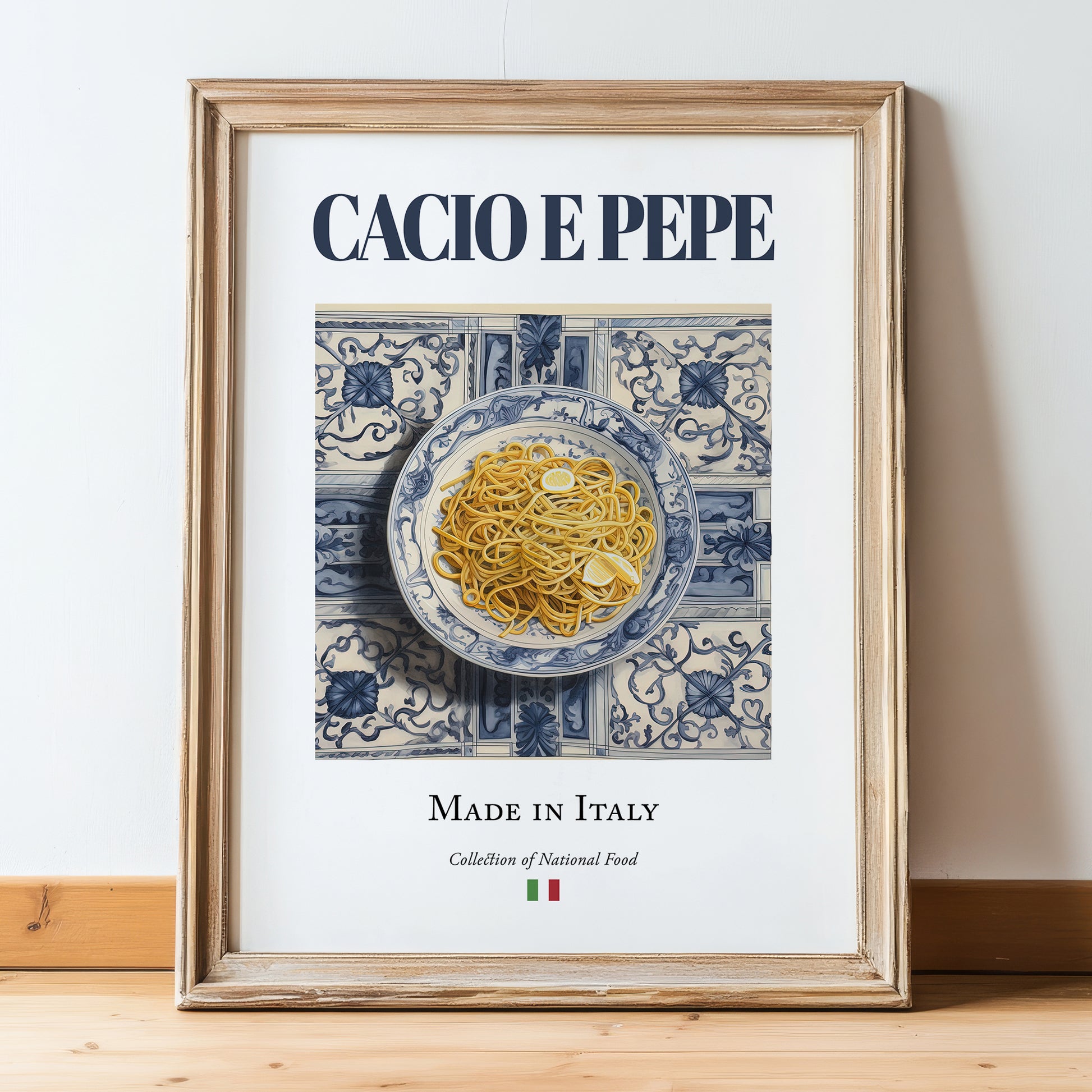 Cacio e Pepe – Italian Pasta, Osteria Illustration, in wooden frame leaning on the floor