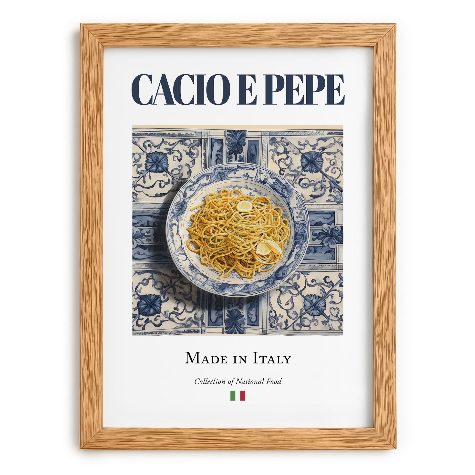 Cacio e Pepe – Italian Pasta, Osteria Illustration, set in oak frame