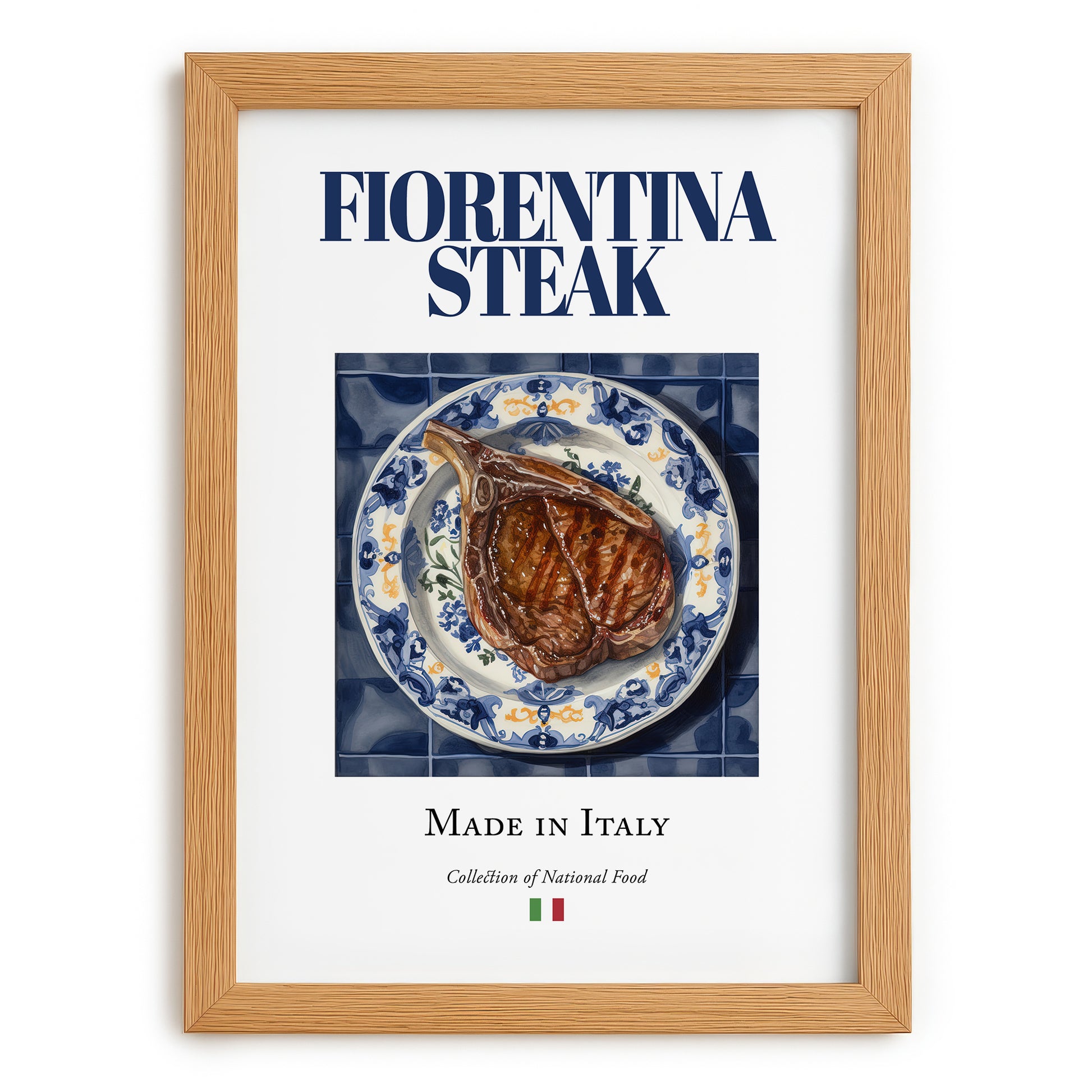Fiorentina Steak – Italian Meat Dish, Farmhouse Kitchen Print, set in oak frame