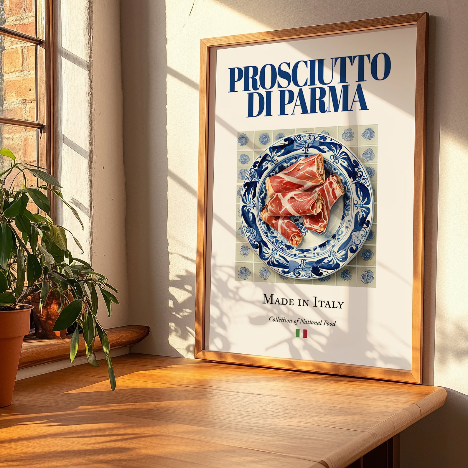 Prosciutto di Parma – Italian Meat Dish, Fine Dining Restaurant Poster, no-text version framed in wood