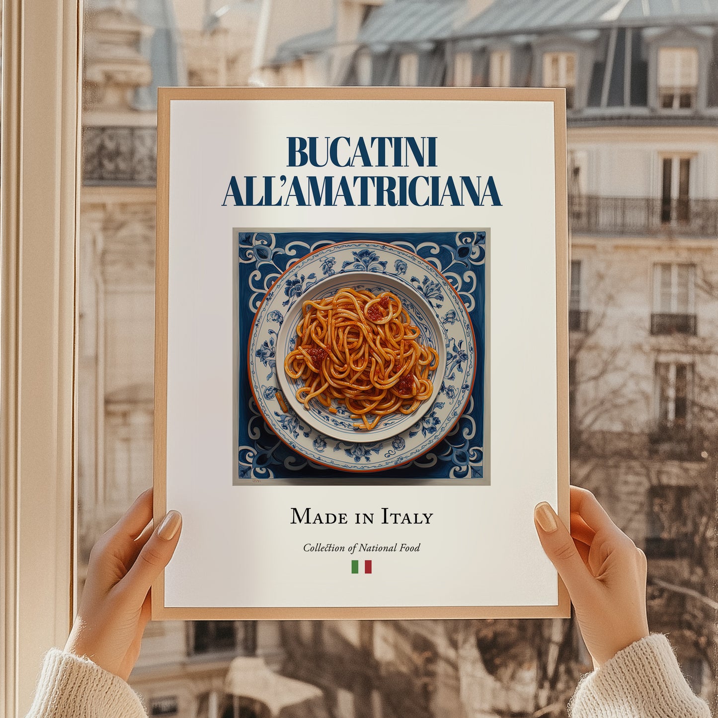 Bucatini all'Amatriciana – Italian Pasta, Trattoria Painting, styled in a charming Paris street view