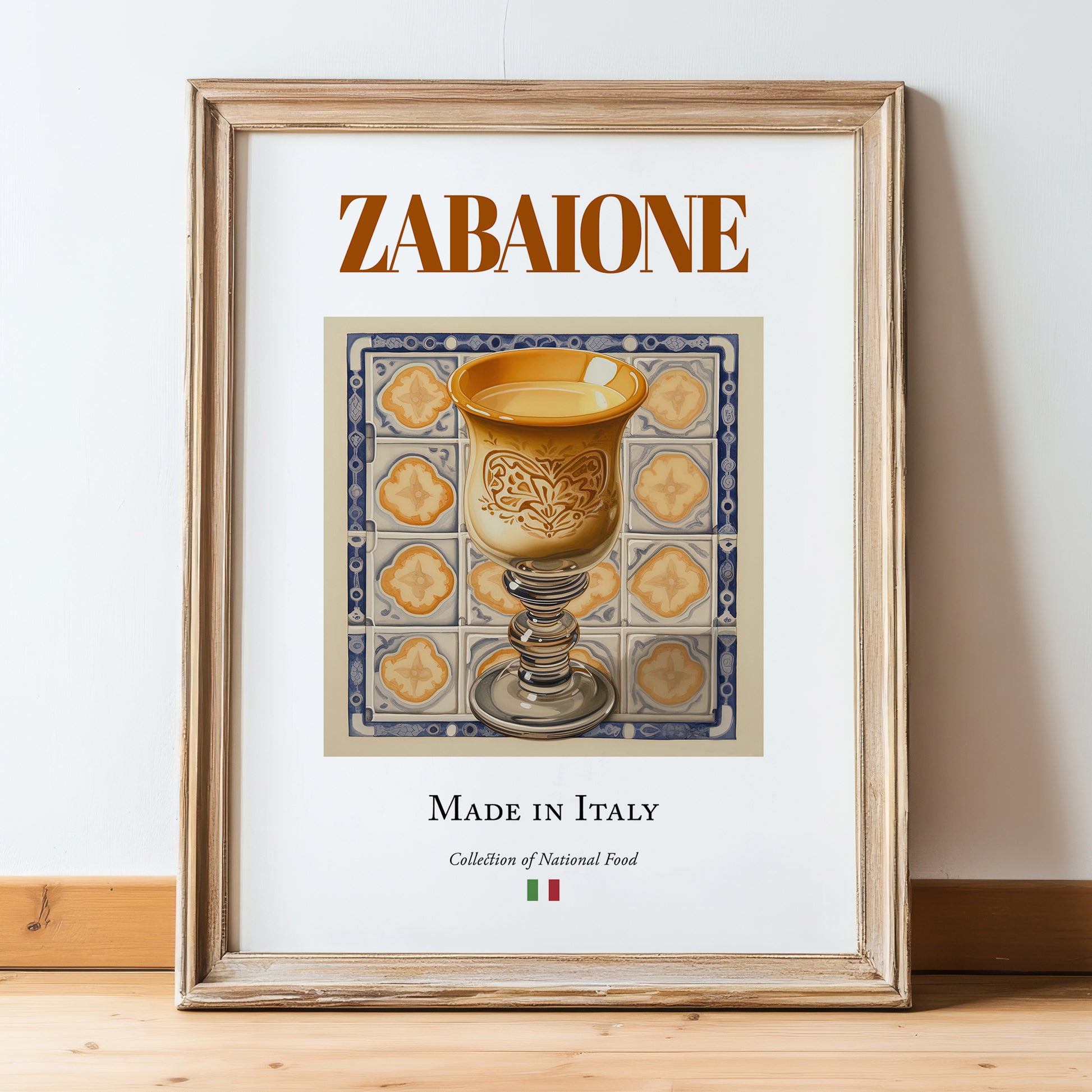 Zabaione – Italian Dessert Dish, Bistro Print, in wooden frame leaning on the floor