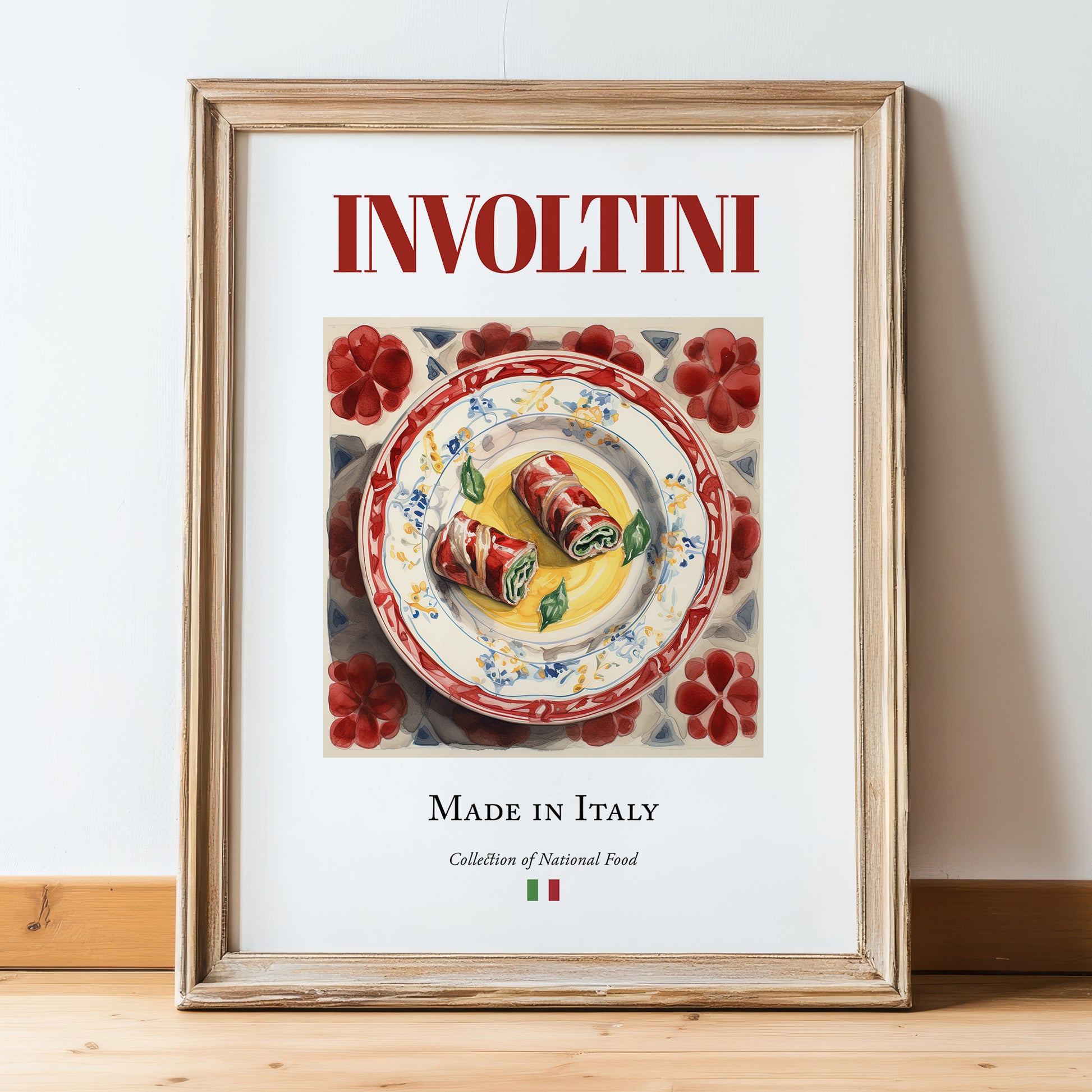 Involtini – Italian Meat Dish, Brasserie Poster, in wooden frame leaning on the floor