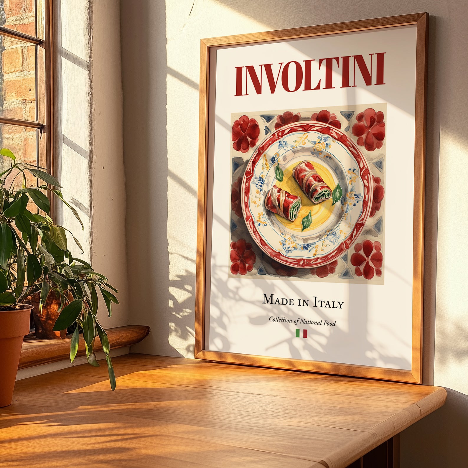 Involtini – Italian Meat Dish, Brasserie Poster, no-text version framed in wood