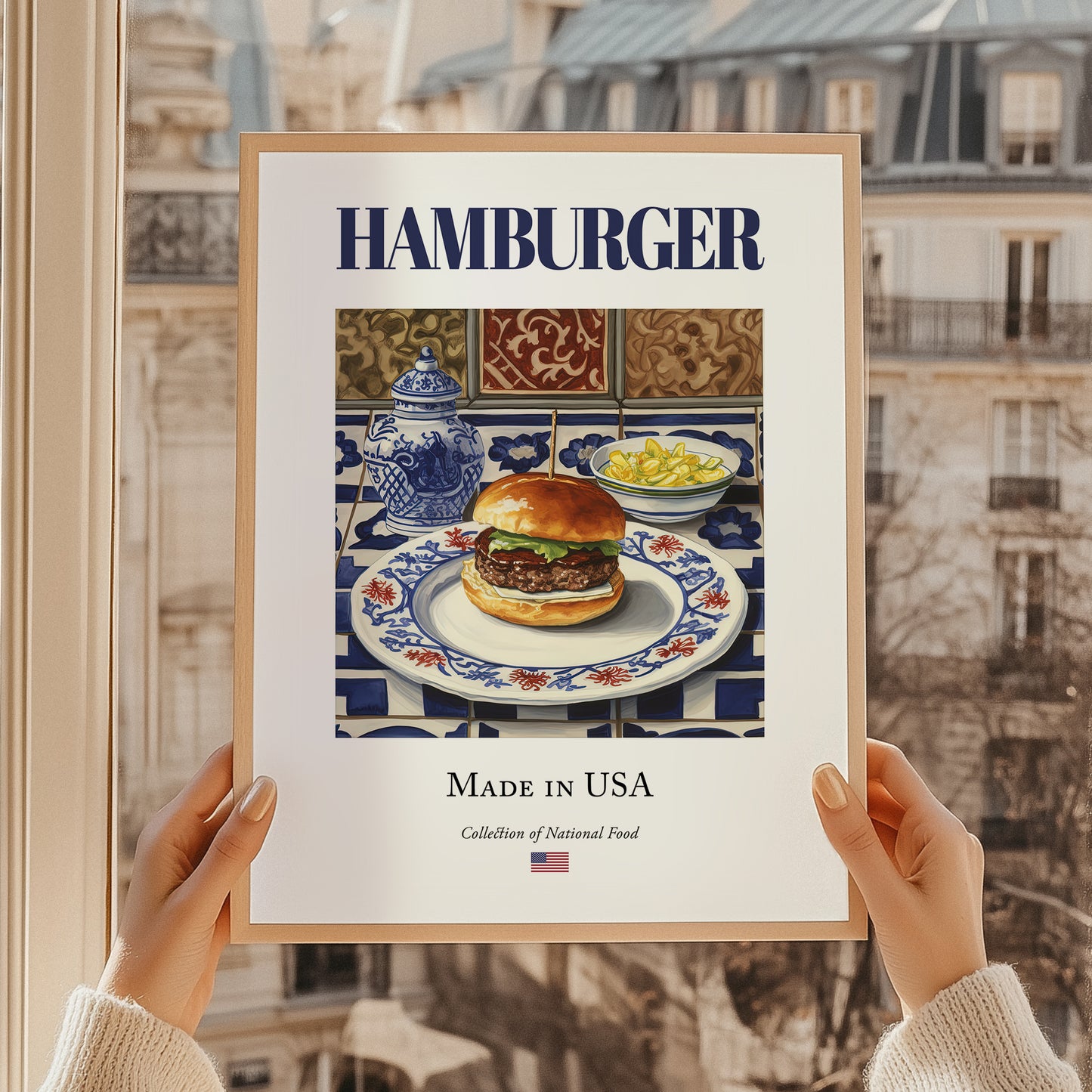 Hamburger – American Snack Dish, Bistro Poster, styled in a charming Paris street view