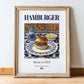 Hamburger – American Snack Dish, Bistro Poster, in wooden frame leaning on the floor