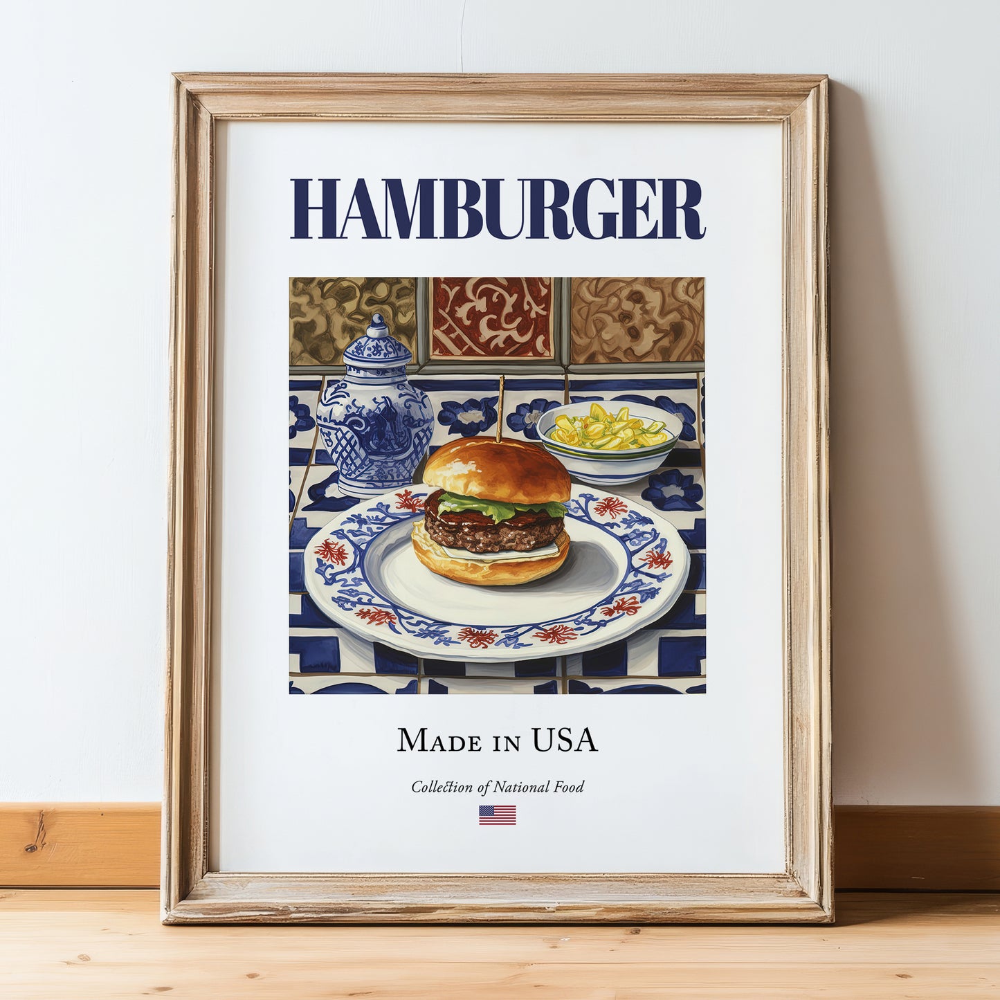 Hamburger – American Snack Dish, Bistro Poster, in wooden frame leaning on the floor