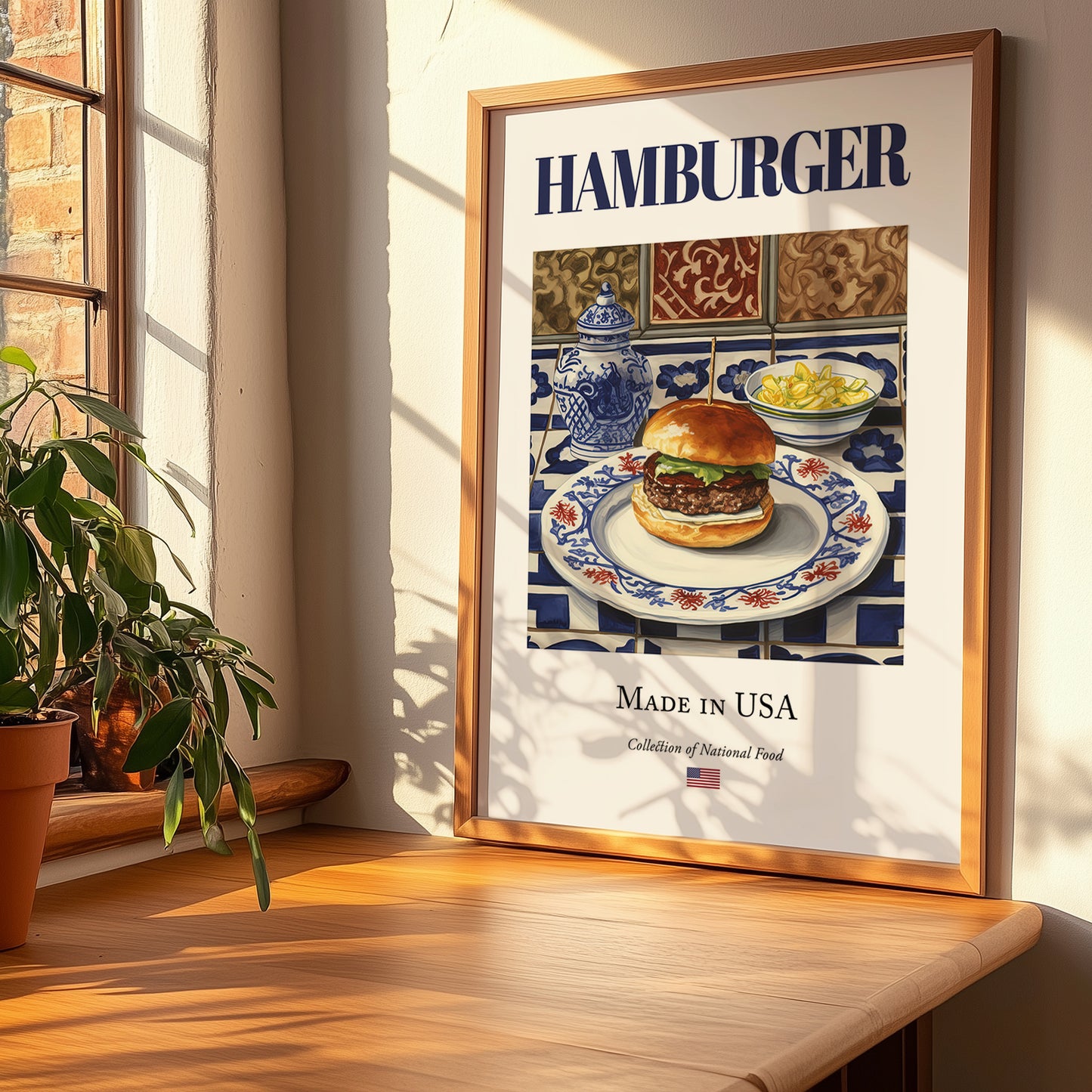 Hamburger – American Snack Dish, Bistro Poster, no-text version framed in wood