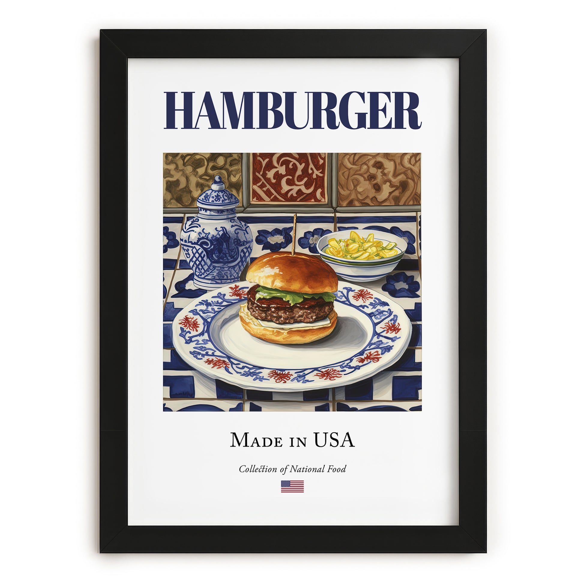 Hamburger – American Snack Dish, Bistro Poster, in sleek black frame