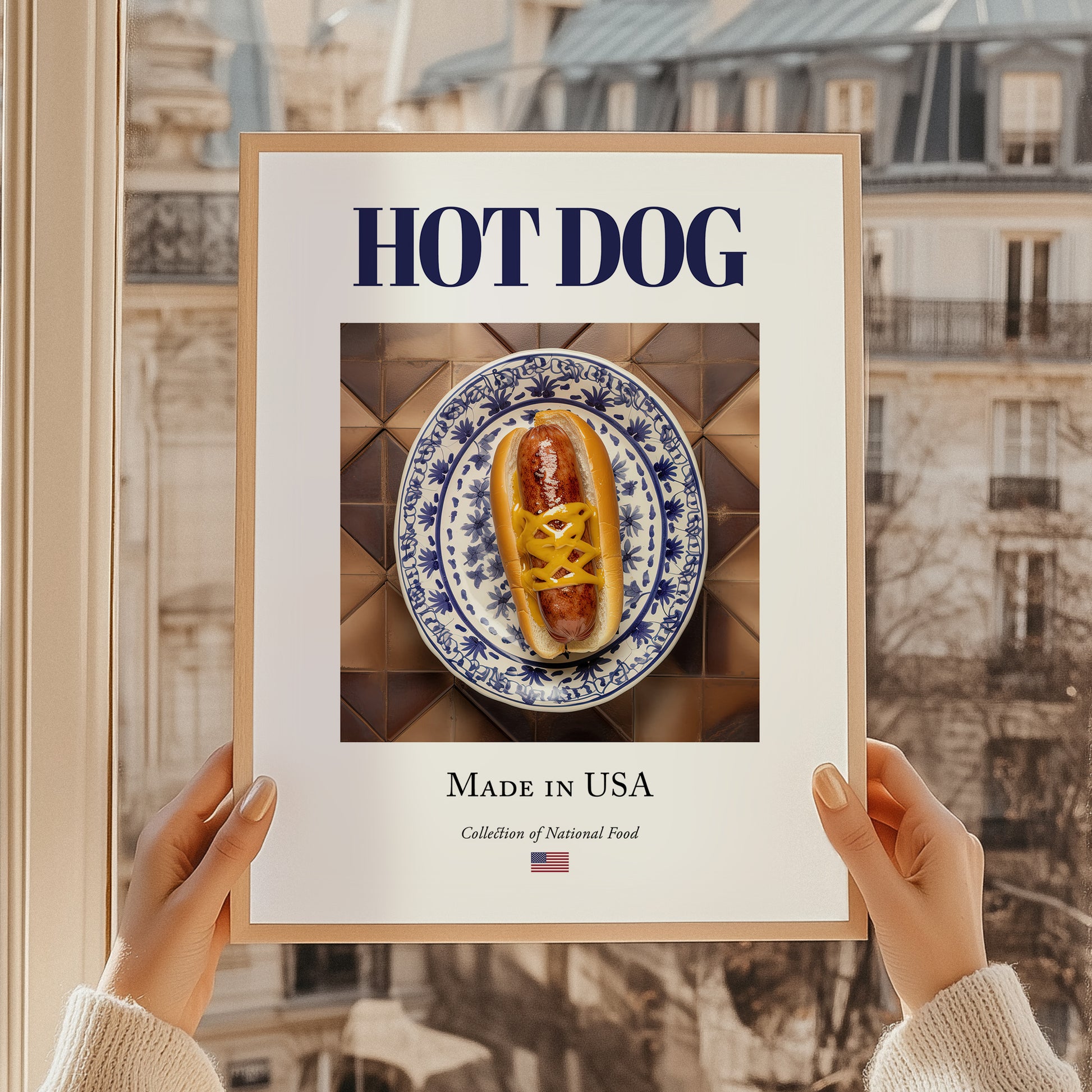 Hot dog – American Snack Dish, Café Illustration, styled in a charming Paris street view