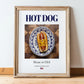 Hot dog – American Snack Dish, Café Illustration, in wooden frame leaning on the floor