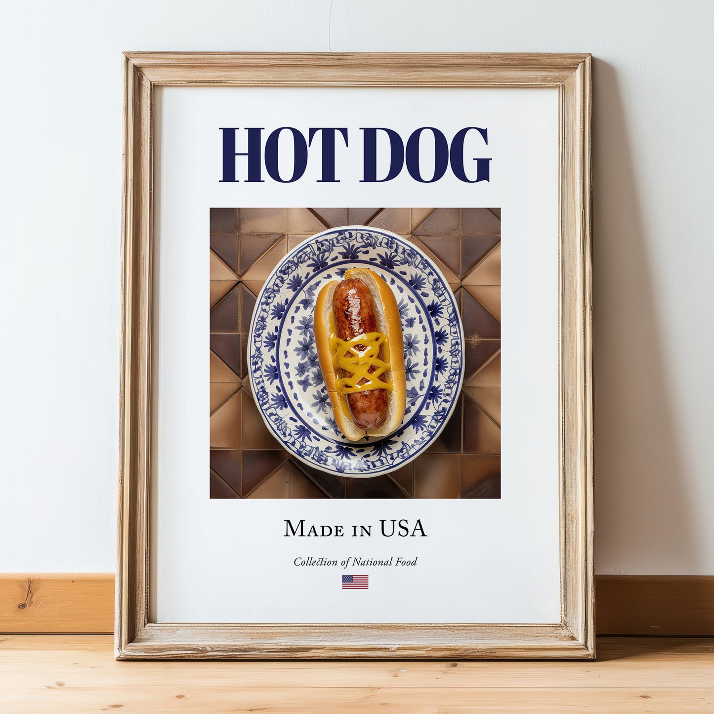 Hot dog – American Snack Dish, Café Illustration, in wooden frame leaning on the floor