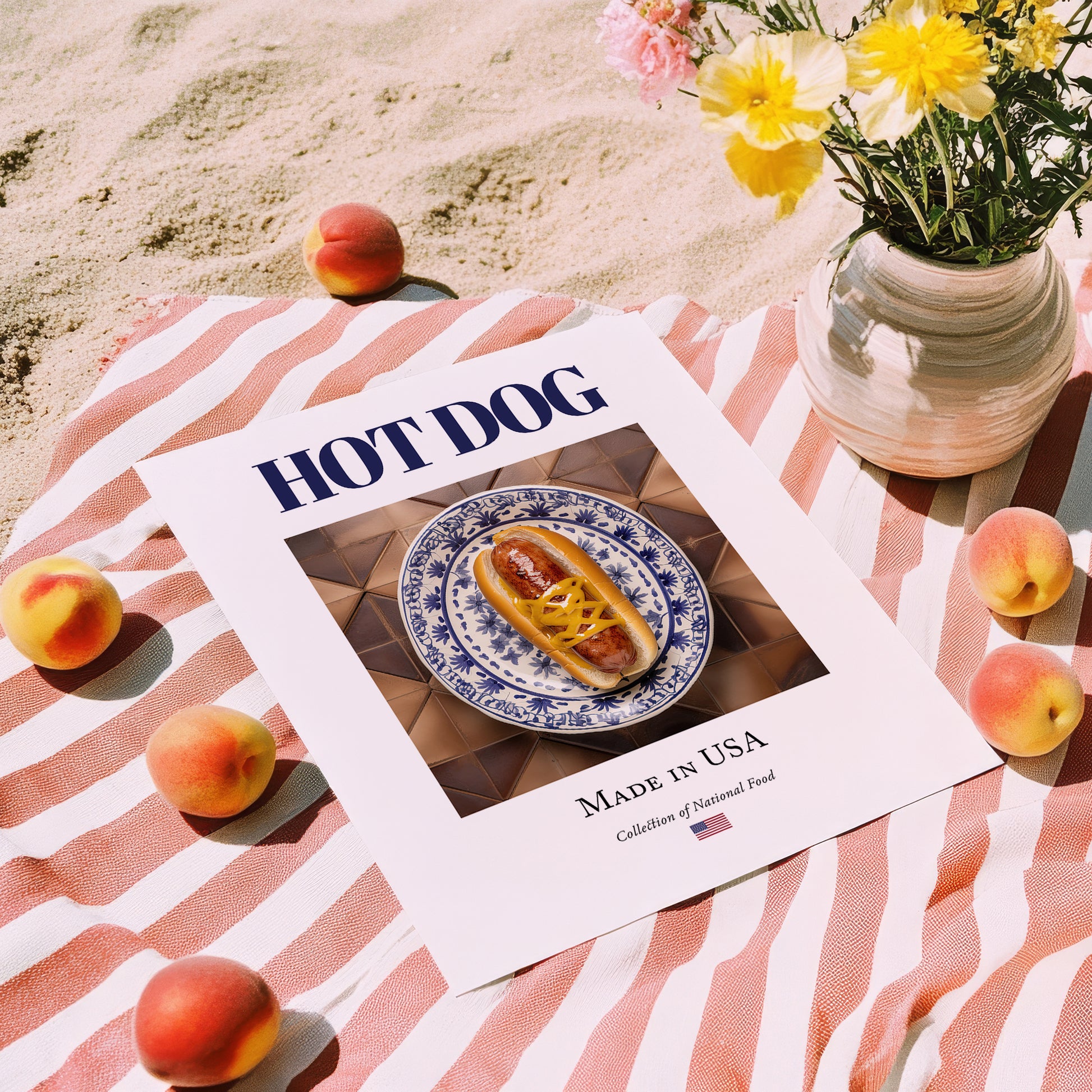 Hot dog – American Snack Dish, Café Illustration, unframed on coastal sand