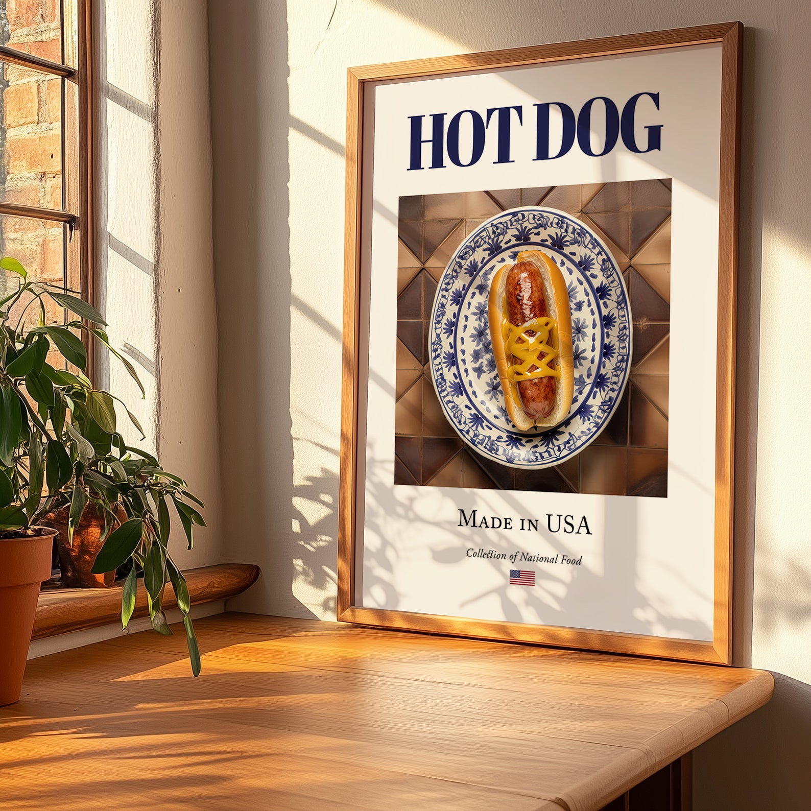 Hot dog – American Snack Dish, Café Illustration, no-text version framed in wood