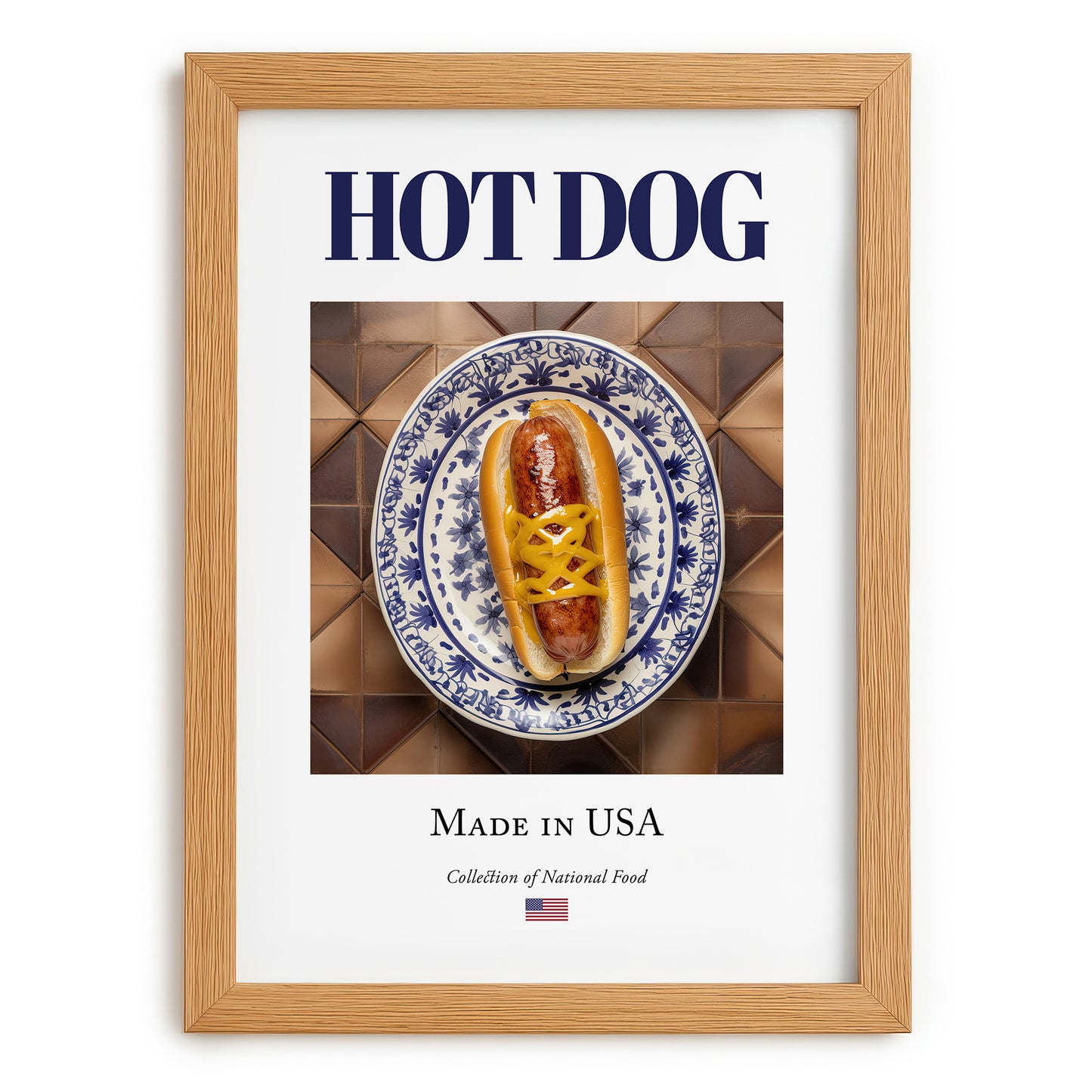 Hot dog – American Snack Dish, Café Illustration, set in oak frame