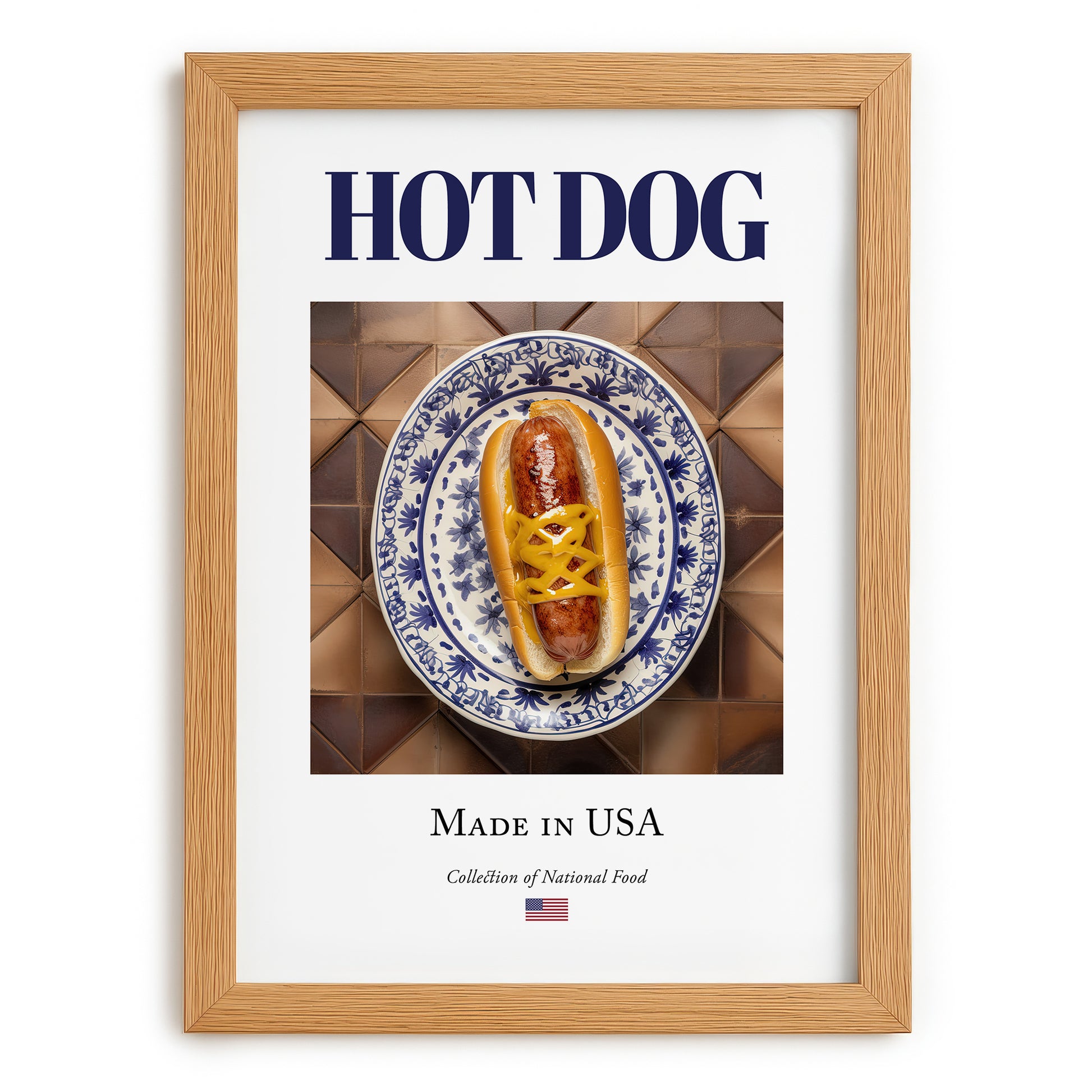 Hot dog – American Snack Dish, Café Illustration, set in oak frame
