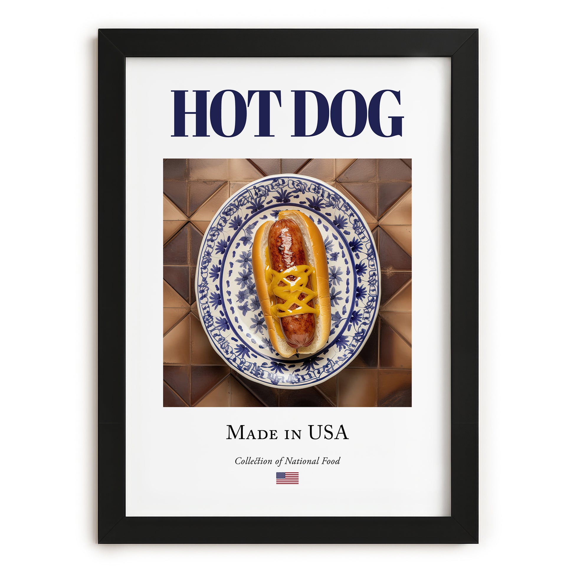 Hot dog – American Snack Dish, Café Illustration, in sleek black frame