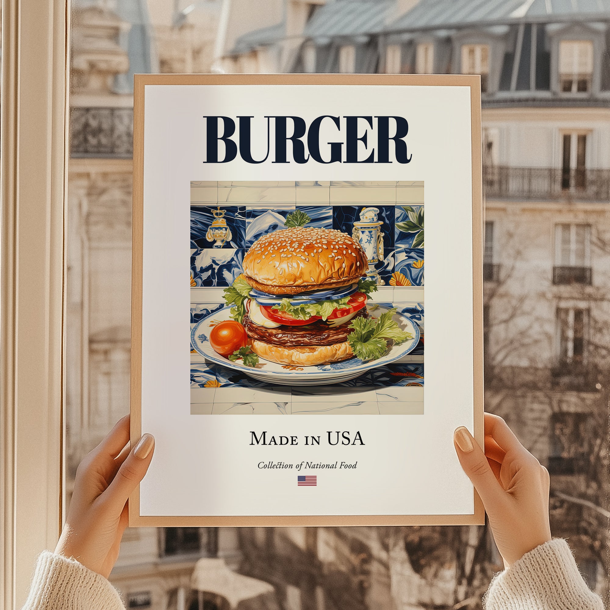 Burger – American Snack Dish, Café Art, styled in a charming Paris street view
