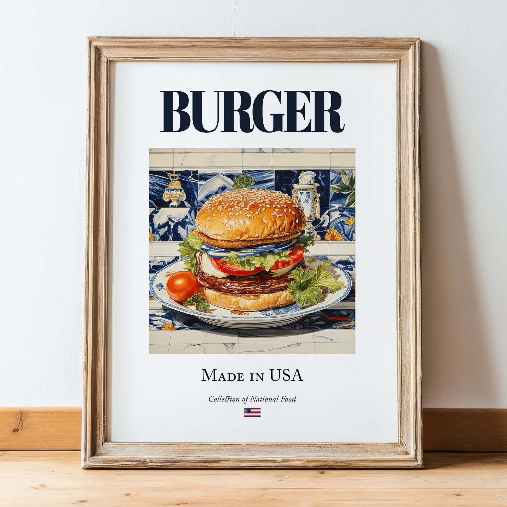 Burger – American Snack Dish, Café Art, in wooden frame leaning on the floor