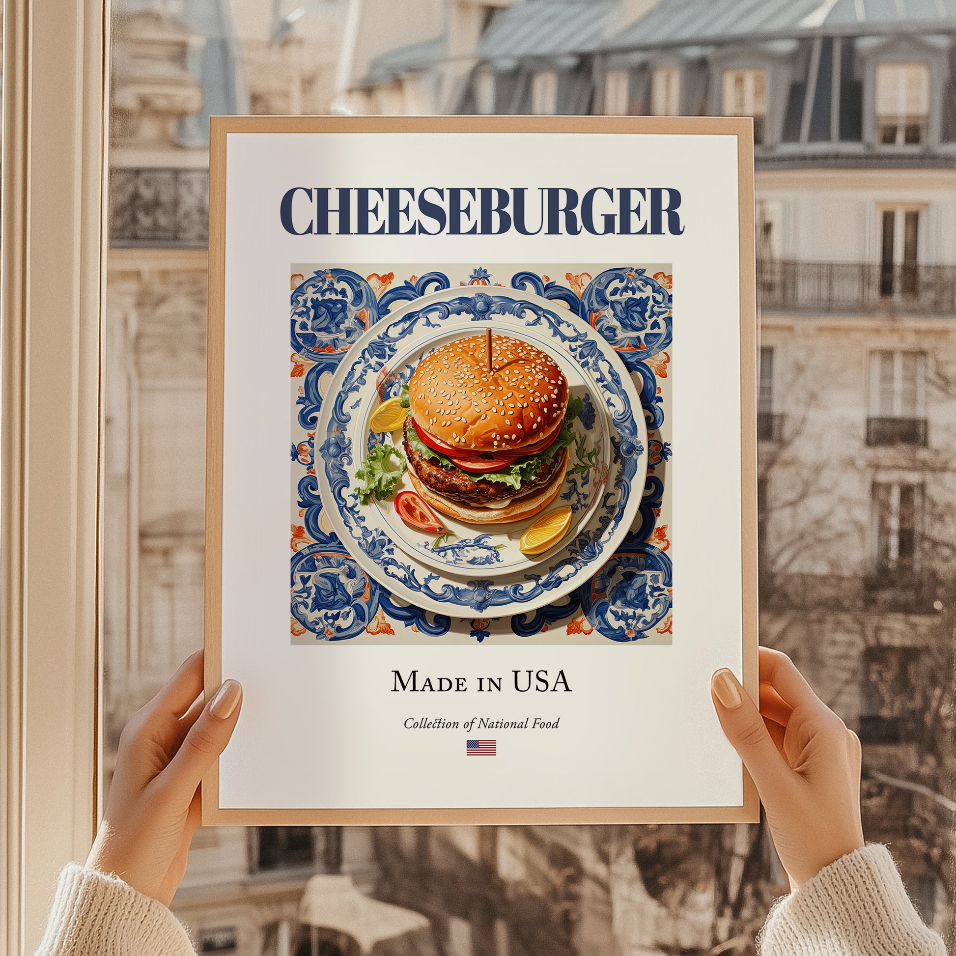 Cheeseburger – American Snack Dish, Farmhouse Kitchen Poster, styled in a charming Paris street view