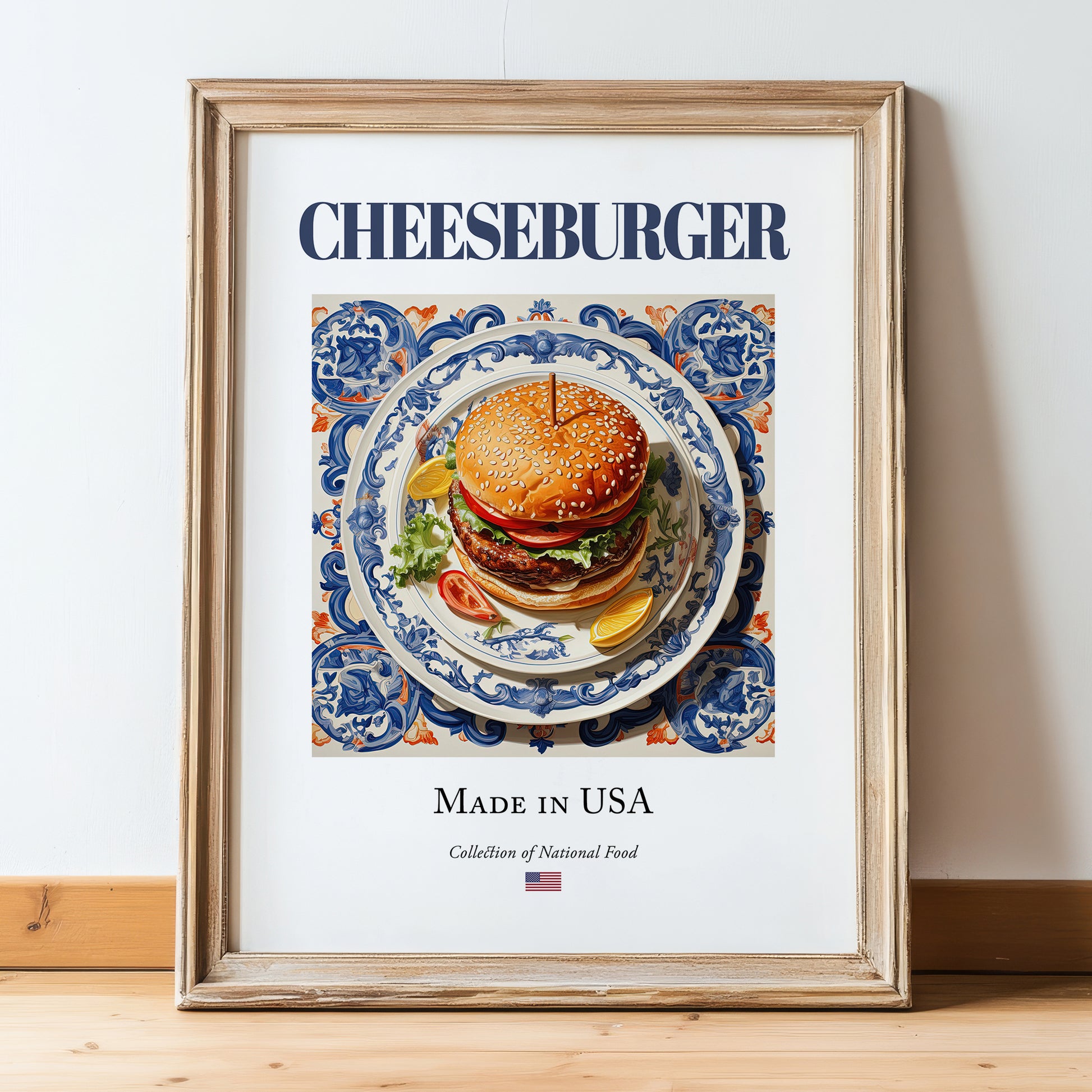 Cheeseburger – American Snack Dish, Farmhouse Kitchen Poster, in wooden frame leaning on the floor