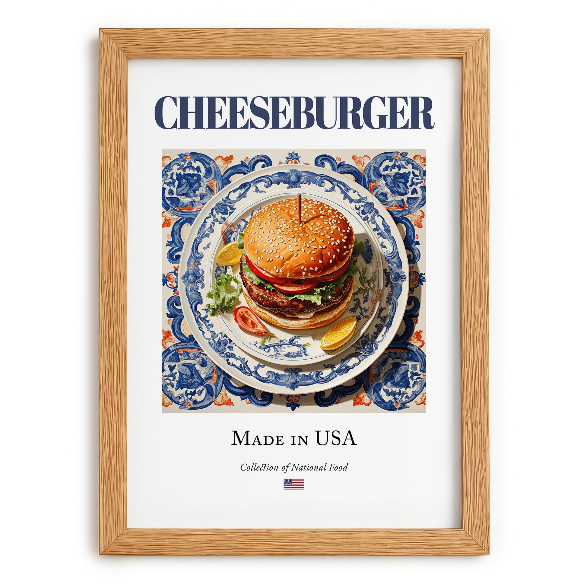Cheeseburger – American Snack Dish, Farmhouse Kitchen Poster, set in oak frame