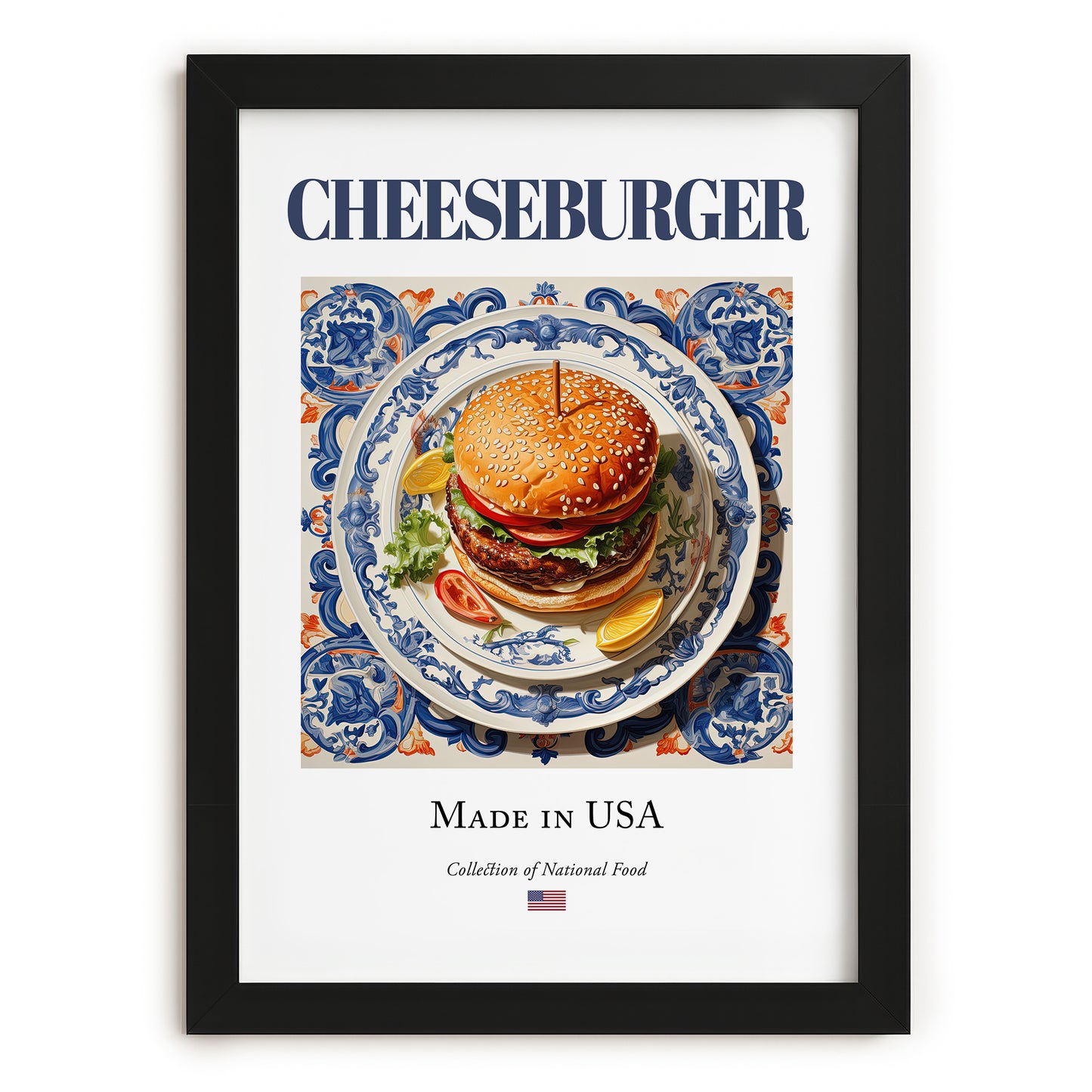 Cheeseburger – American Snack Dish, Farmhouse Kitchen Poster, in sleek black frame