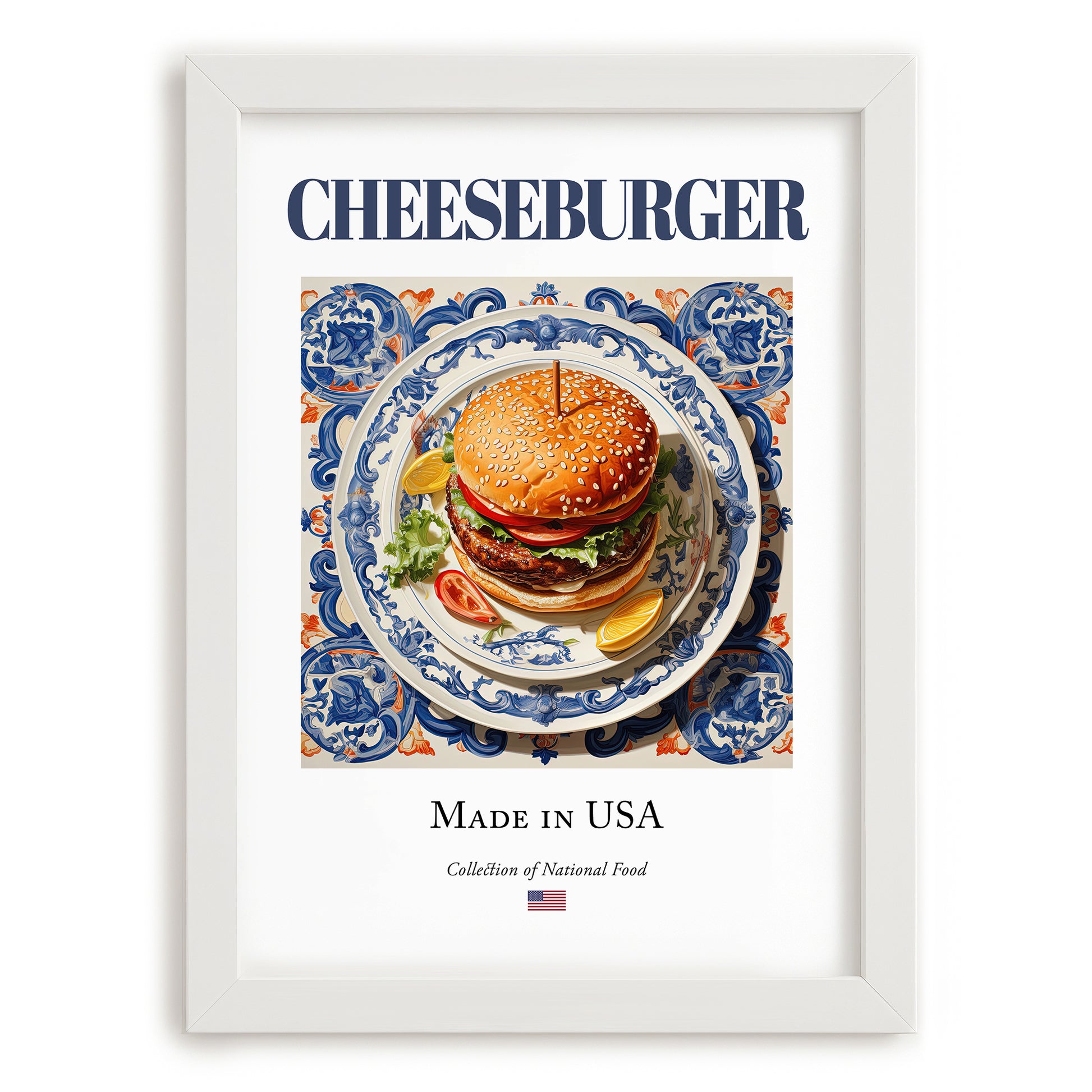 Cheeseburger – American Snack Dish, Farmhouse Kitchen Poster, placed in minimal white frame
